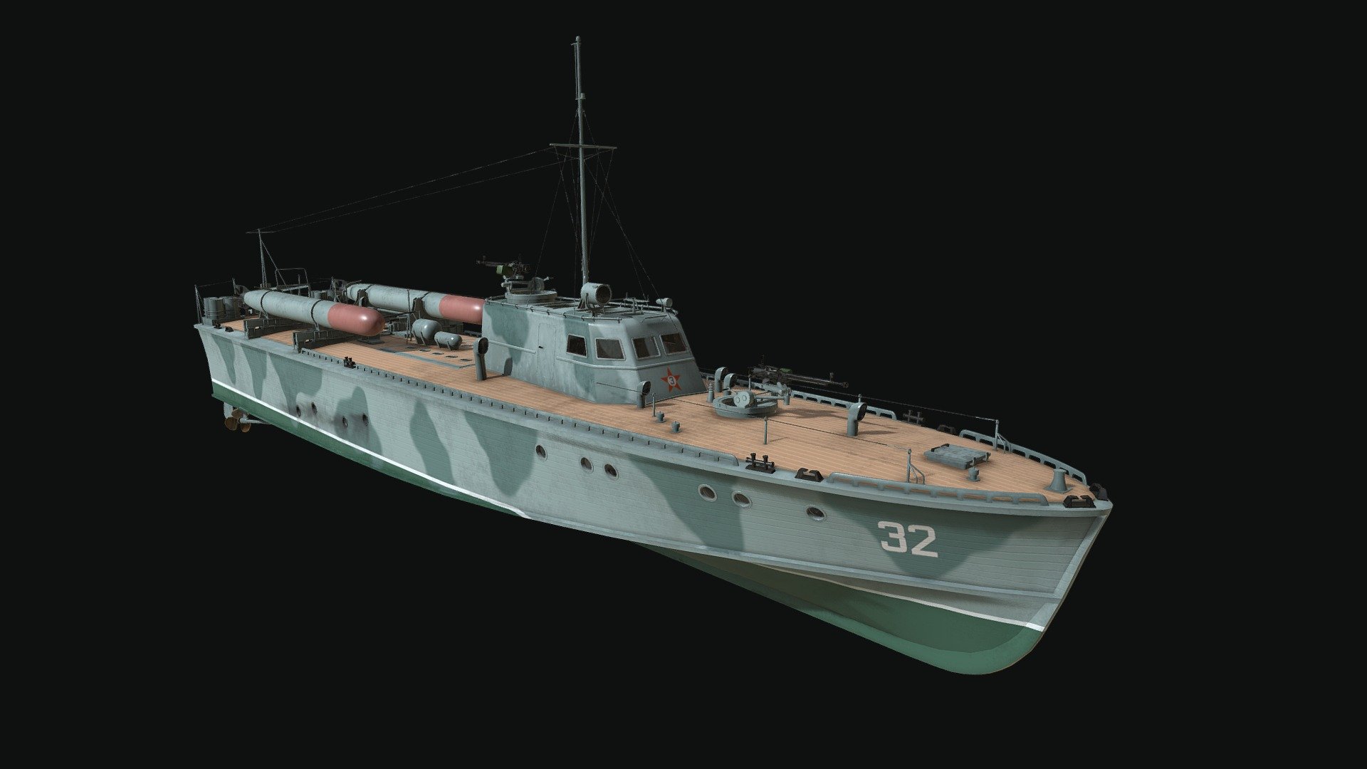The D-3-class, designated Project P-19, was a class of Soviet wooden motor torpedo boats (MTB) built before and during World War II. The D stands for Derevyanniy. 
The boats were produced in two main series. The 1941 series with 26 boats built between possessed a noticeable lower speed 32 knots (59 km/h; 37 mph), and the 1943 series with 47 boats built that could reach up to 47–48 knots (87–89 km/h; 54–55 mph) thanks to lend-lease Packard engines 3d model