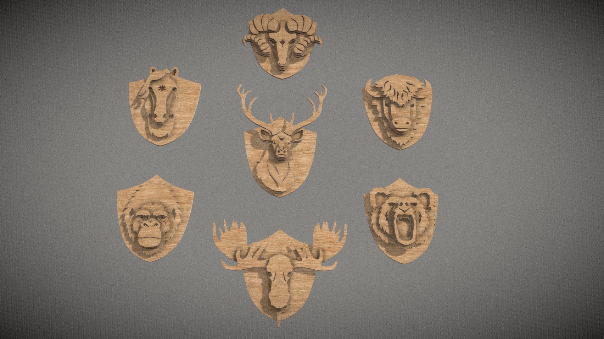 Set of 7 vector animal decors. This is initially prepared for plywood lasercut, but can be also 3D printed. Each animal consist of few  layers which create 3D feeling while still being 2D vector images.

Bear

Ram

Bison

Deer

Moose

Horse

Gorilla



Attached also set of vector files in SVG format for each animal.

Patreon with monthly free model - Wooden Animals Set - Buy Royalty Free 3D model by NETRUNNER_pl 3d model