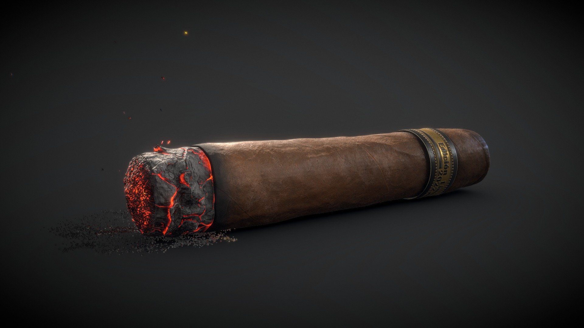 Hello people! I made a cuban cigar burning with ashes and smoke (smoke fx is just on my Artstation post since I did with Niagara). 

My pipeline to model the cigar was I did a blockout on Maya, then brought to ZBrsuh to add all of the details and then reduced to low poly with ZBrush and Maya tools. 

The ashes were made on Blender with their particle tool and the smoke on Houdini (sprite sheet) and then used the Niagara system to assemble in engine.

What is included:




7 texture maps (Base Color, Roughness, Metallic, AO, Normal, Height, Emissive)

4 models (full cuban cigar with ashes, and just the cuban cigar in fbx and obj)

1 sprite sheet for smoke fx

Technical details:




Cigar has 14628 polys

Textures are 4096 x 4096

Sprite sheet is 5632 x 6144

*If you need other files, let me know - Cuban Cigar Burning - Buy Royalty Free 3D model by williamornelas 3d model
