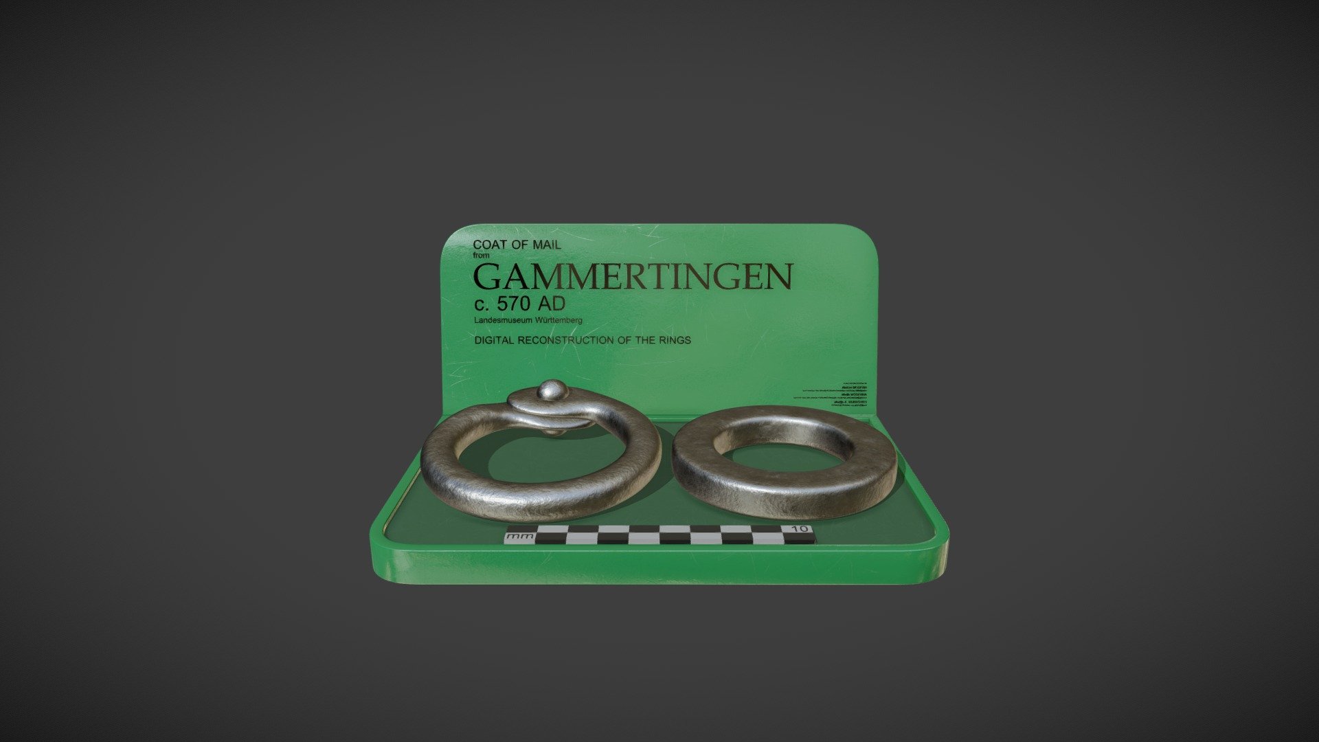 The 3D model presents a digital reconstruction of solid and riveted rings of archaeological mail armour. 
Location: Landesmuseum Württemberg https://www.landesmuseum-stuttgart.de/ 
https://sketchfab.com/lmwstuttgart

To create 3D models of the rings, we used polygonal modelling functions of Blender software. In order to record the relevant measurements of the mail rings, we used a list of parameters. This list includes 11 parameters for a riveted ring and four parameters for a solid ring. The accuracy of the digital replicas of the rings was 0.01 mm. The authors of the reconstructions are 

Aleksei Moskvin (Saint Petersburg State University of Industrial Technologies and Design) 
https://independent.academia.edu/AlekseiMoskvin

Mariia Moskvina (Saint Petersburg State University of Industrial Technologies and Design) https://independent.academia.edu/MariiaMoskvina

and Martijn A. Wijnhoven (VU University Amsterdam) 
https://vu-nl.academia.edu/MartijnAWijnhoven 

DOI: https://doi.org/10.13140/RG.2.2.19005.38884 - Armour from Gammertingen: 3D reconstruction - Download Free 3D model by Aleksei Moskvin (@alekseimoskvin1) 3d model