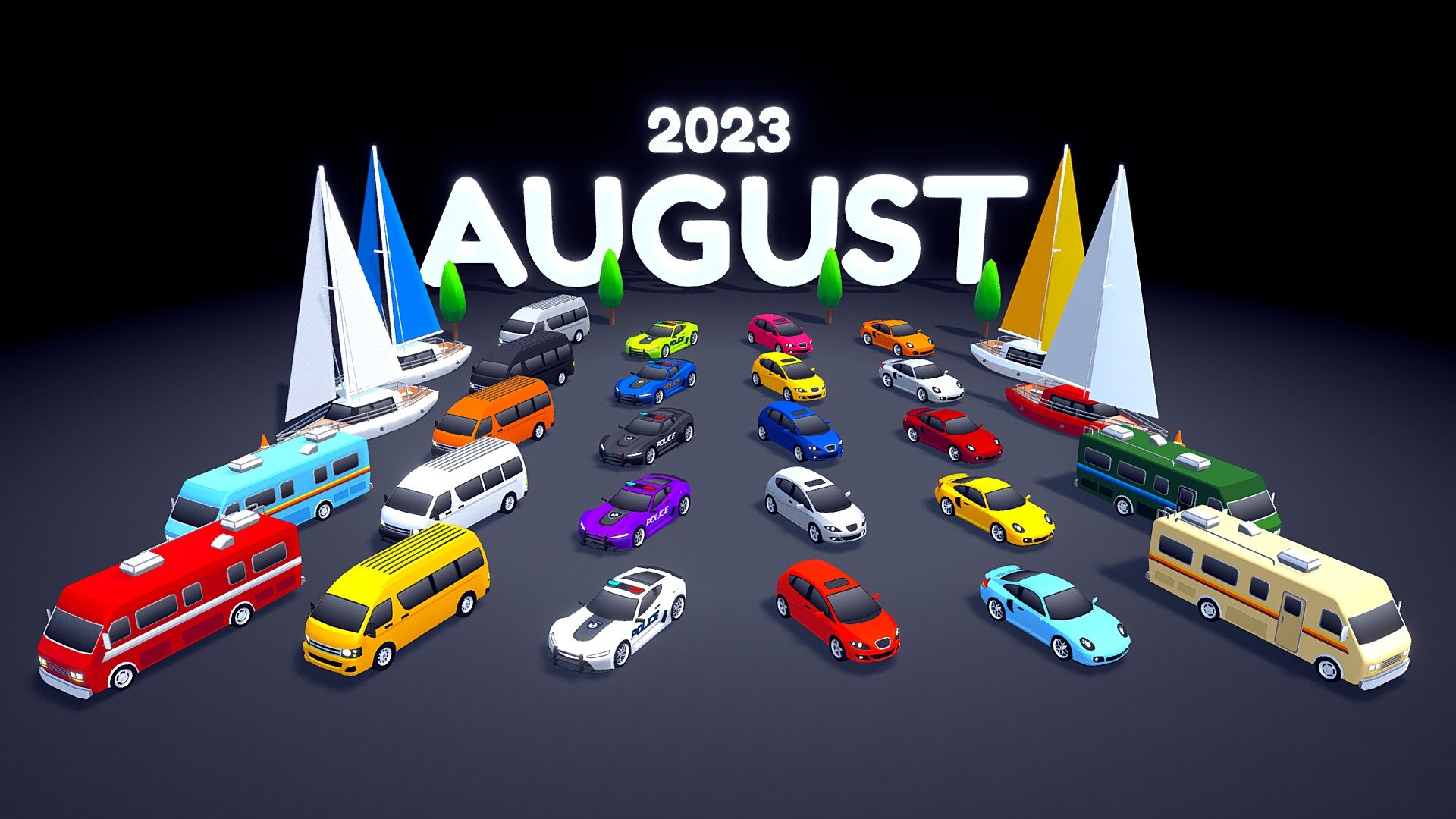 This is the August update of ARCADE: Ultimate Vehicles Pack. These vehicles will be available in Sketchfab and Unity Asset Store next Wednesday.

It includes 6 new vehicles. I hope you like it.

Best regards, Mena.

 - AUGUST 2023: Arcade Ultimate Pack - 3D model by Mena (@MenaStudios) 3d model