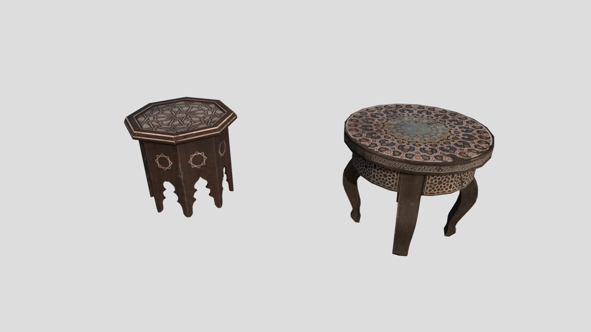 3D Table, Nightstands
The pack has highly detailed table ready for use in your project. Just drag and drop prefab into your scene and achieve beautiful results in no time. Available formats FBX, 3DS Max 2017



We are here to empower the creators. Please contact us via the [Contact US](https://aaanimators.com/#contact-area) page if you are having issues with our assets. 




The following document provides a highly detailed description of the asset:
[READ ME](https://medium.com/@aaanimators/3d-asset-pack-low-poly-tables-pack-arabic-21125c8bb0f7)




**Mesh complexities:**


Table_04 1344 verts; 1260 tris 

Table_05 812 verts; 792 tris 



Includes 2 sets of textures with 4 materials:



● Diffuse

● Gloss

● Normal

● Specular - Arabic Nightstands - Buy Royalty Free 3D model by aaanimators 3d model