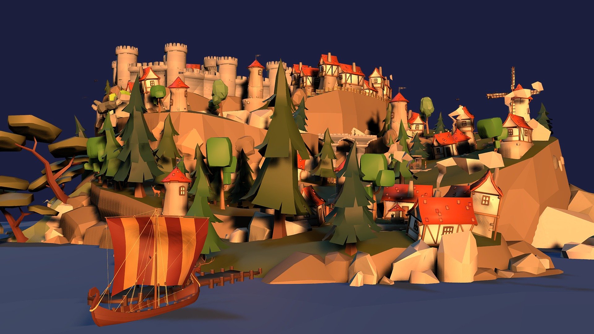 Thanks to the following Artists
Vladislav Laryushin https://sketchfab.com/Zorg741 Wooden Fence and shelter, wooden crates and barrels,  Stone, Cluster Stone , Houses 1-4,  Towers 1-3, waterfall land piece.
roguenoodle https://sketchfab.com/roguenoodle Main Island &amp; Secondary Island, Trees, Stone
MrEmjeR https://sketchfab.com/MatthijsDeRijk all Vikings, their weapons, ships, some trees and rocks.
Tuturu https://sketchfab.com/tuturu Thrones, Cup and towns Folk.
Alok https://sketchfab.com/alok.aks50 Firewood, Bucket, Creates barrel.
artBake 3D https://sketchfab.com/ismir Sheep.
Inuciian https://sketchfab.com/Inuciian  Well.
Rusya https://sketchfab.com/Rusya.Rusya  Tree
Hansto https://sketchfab.com/Hanesto  Market Stalls.
Pixel https://sketchfab.com/stefan.lengyel1  Castle Parts, Shelters, Windmill, bridges, Sheep, Deer, Cows,
3D Pipeline Studios https://sketchfab.com/RHALL Golem
mageaster https://sketchfab.com/mageaster Fireplace
VitSh https://sketchfab.com/VitSh Bear, wizard, goat - Issum, The town on Capital Isle - Download Free 3D model by Olee 3d model