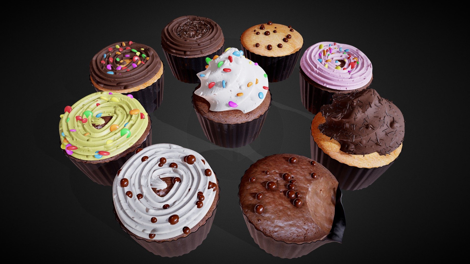 Cupcakes High Poly Package

Technical details: Triangles: 797.6k Verts: 340.2k
If you delete the chocolate sprinkles the scene will have 192k tris and 97k verts
All textures in .png format
The pack include: Objects: 34
Texture size: 1024x1024 and 2048x2048
Textures include: Base color, Roughness map, Height map and Normal map

Modeled in Blender, textured using Blender and Substance Painter
Rendered in Blender Cycles - Cupcakes Pack - Buy Royalty Free 3D model by Diego Lima (@GMDiegoLima) 3d model