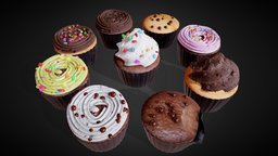 Cupcakes Pack cream, cupcake, sugar, candy, chocolate, high-poly, delicious, sweet, anniversary, bakery, vanilla, blender-3d, muffin, celebration, cupcakes, desserts, food-and-drink, blender