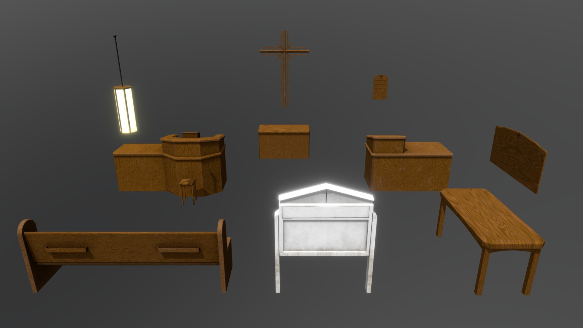 This is a small asset pack that I am currently working on for the inside of a church. The idea for the church is to be a small southern baptist church. so it will be simple in style and its assets. Currently only have the Wodden Items that will be within the church, will continue to add more to it though as I create the items so that these can be dragged and dropped into the scene. The church will have been abondoned for some time, so there will be some weathering on the items.

If you do decide to use this, please credit me. I'd also love to see what you end up using it for! - Church Asset Pack - Download Free 3D model by Caboose3d 3d model