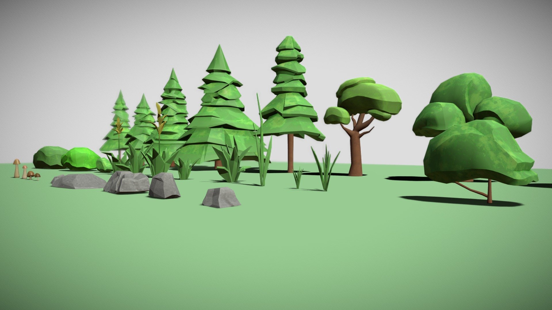 This pack contains 32 Game ready lowpoly Models:

5 Pine Trees 4 Trees 2 Small Trees 3 Bushes 8 Plants 4 Mushrooms 6 rocks

Total Tris: 20006

The package contains of glb, fbx, and obj format plus a Blender file with all the 3D models + Maya Files for each category/ Version 2023

Were tested and rendered in Unreal Engine.

Textures are 2048* 2048 but the image render with Unreal is with 1024 maps so you can also chnage the resolution based of your need.

If you need more info feel free to contact me :) - 32 Stylized Plants package Low-poly 3D model - Buy Royalty Free 3D model by RaziehKooshki 3d model