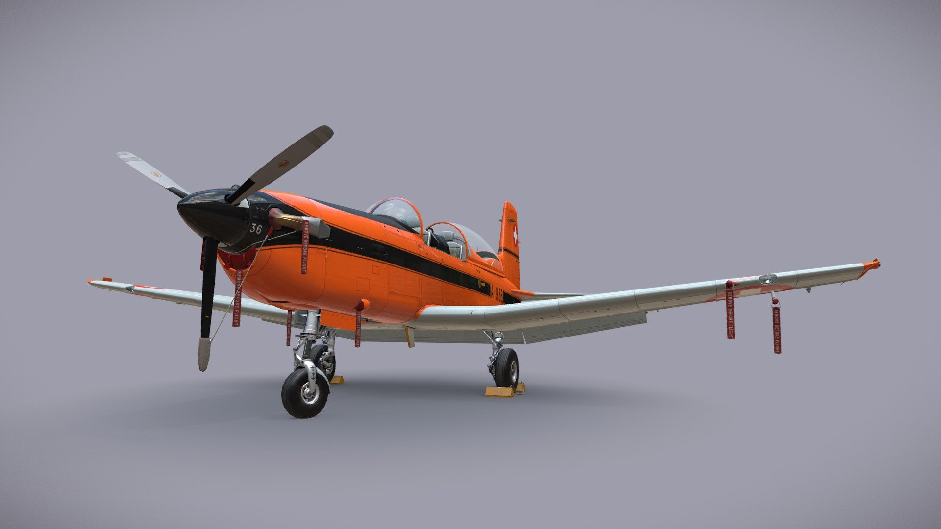 Low-poly 3D model airplane (Pilatus PC-7 Mk-I) with LODs 




Linked/Rigged (pivots apart) and animated 

Textures for PBR shader (Albedo, Specular, Gloss, AmbietOcclusion, NormalMap, Emissive, Opasity) size 4096x4096 

Сontains 6 LODs

Parking сovers

animation: - CANOPY (0 freme - open, 100 frame - close) - PROP (0-100 frame - one rotation) - GEAR (0 frame - down, 100 frame - up) + Shape animation for brake hoses - GEAR_STOCK (0 frame - max. up, 100 frame - max. down) + Shape animation for brake hoses - GEAR_STEER (0 frame - max. left, 100 frame - max. right) - WHEEL (0-100 frame - one rotation) - AILERONS (0 frame - max. left, 100 frame - max. right, 50 frame - neutral) - RUDDER (0 frame - max. left, 100 frame - max. right, 50 frame - neutral) - ELEVATOR (0 frame - max. dowm, 100 frame - max. up, 50 frame - neutral) - FLAPS (0 frame - up, 100 frame - max. down)

If you have questions about my models or need any kind of help, feel free to contact me and i’ll do my best to help you 3d model