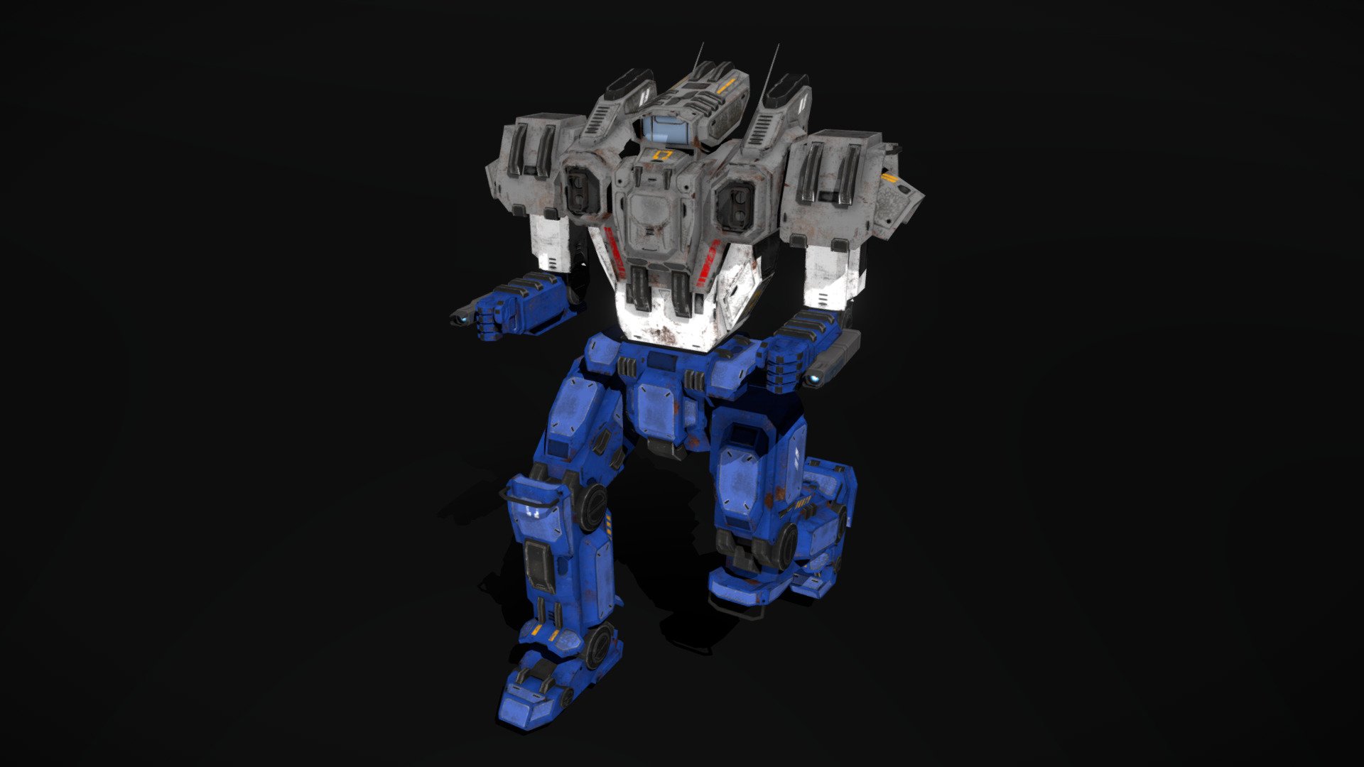 This is a model of a low-poly and game-ready scifi mech. 


30+ animations (in place + root motion)
Non-humanoid Skeleton with 19 bones
Modular weapon design
Canons, lasers, MGs, long- and short-range-missile launchers
2 missiles, 2 projectiles
34 decals
Arms are destructible (can be blown off)
Hands have no bones and are not animated
Hands are optional and can be removed/replaced with weapons
5 different texture sets
PSDs with intact layers are included

The weapons are separate meshes and can be animated with a keyframe animation tool. The weapon loadout can be changed as well.

Please note: The textures in the Sketchfab viewer have a reduced resolution to improve Sketchfab loading speed.

If you have bought this model please make sure to download the “additional file”.  It contains FBX meshes, full resolution textures and the source PSDs with intact layers. The meshes are separate and can be animated (e.g. firing animations for gun barrels) 3d model