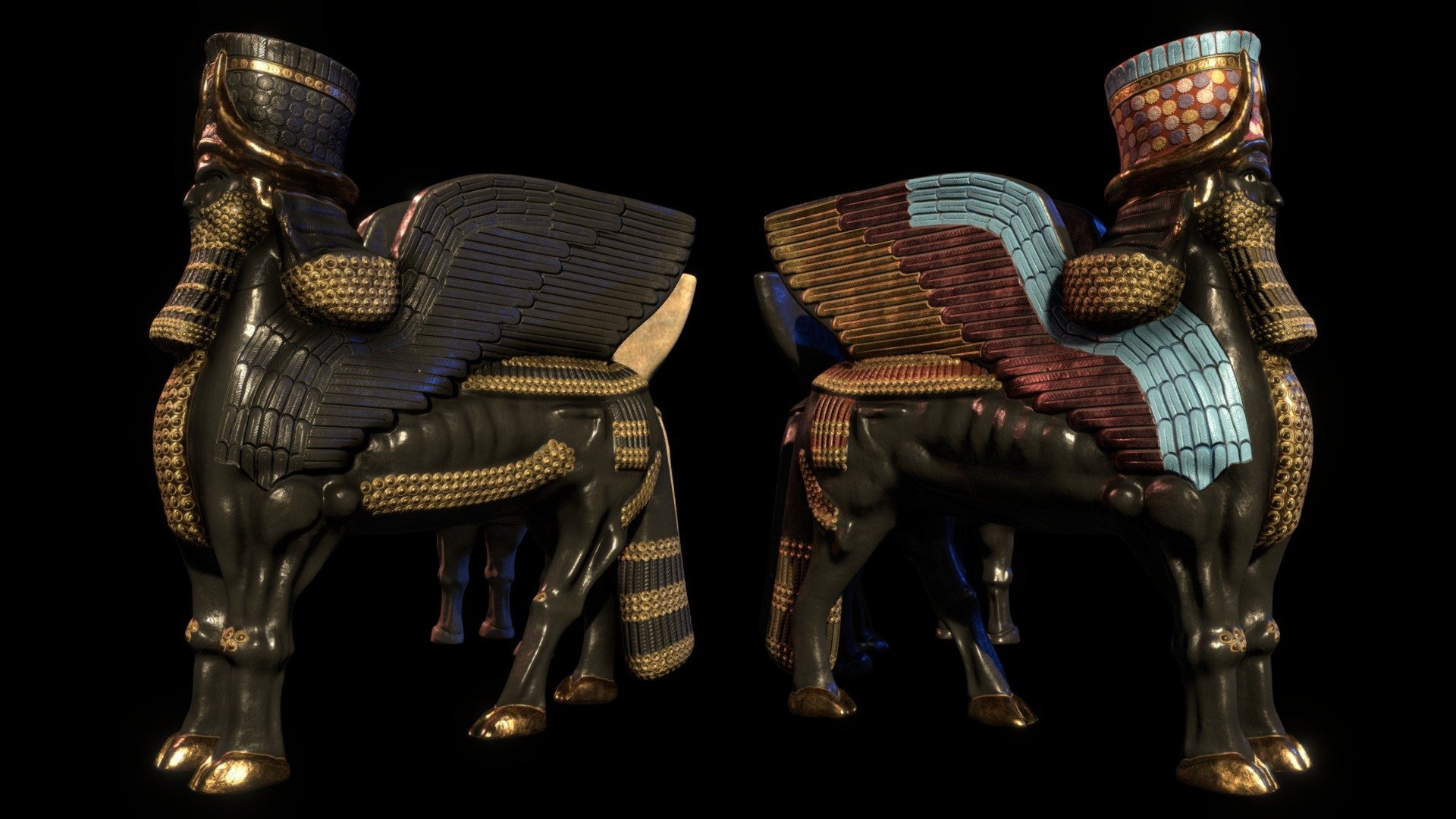 Four models of old style Assyrian statues, well known as Lamassu and often protective deity of gates city or Palaces entrances in ancient Persia empire.

They were essentially guardian spirit and were sometime represented as giant hybrid Lion and human figure, and sometime under an another form.

I tried some diverse textured aspect here (all are in Pbr 4K)&hellip; 
With some contraint in sculpt, I had to make the details of the wings by textures tricks and not by sculpting in the mesh.

Don't hesitate to tell me which form do you like the most :)
I recorded a video timelapse with all the creation process. Hope you like it ! =&gt; https://youtu.be/MvnYxQWv9DE - Lamassu Persian (4 Models) - Buy Royalty Free 3D model by The Ancient Forge (Svein) (@svein) 3d model