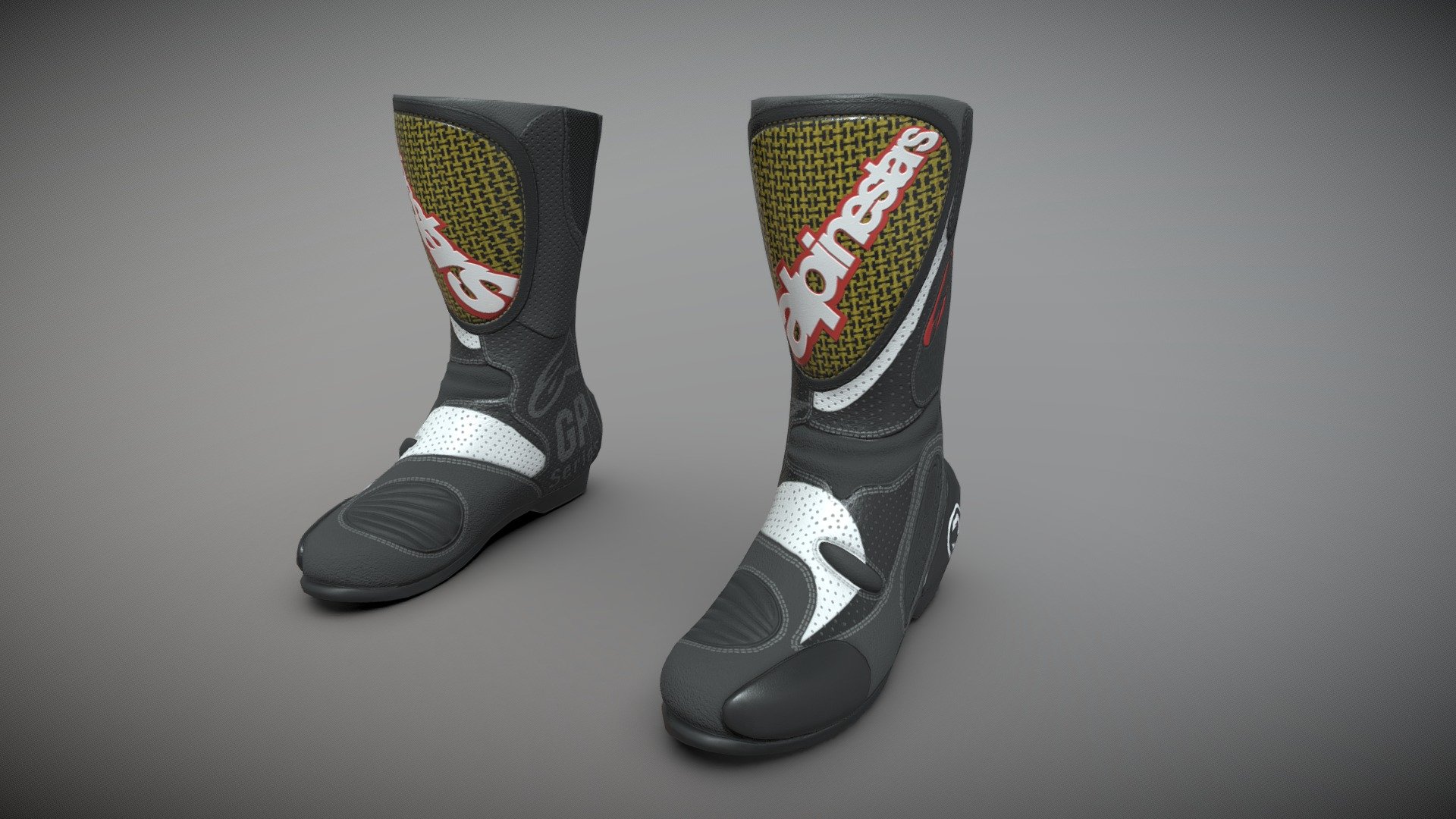 Alpinestars GP Tech Boots model. Modeled in Blender, textured in Substance painter. For the project MotoGP22 3d model
