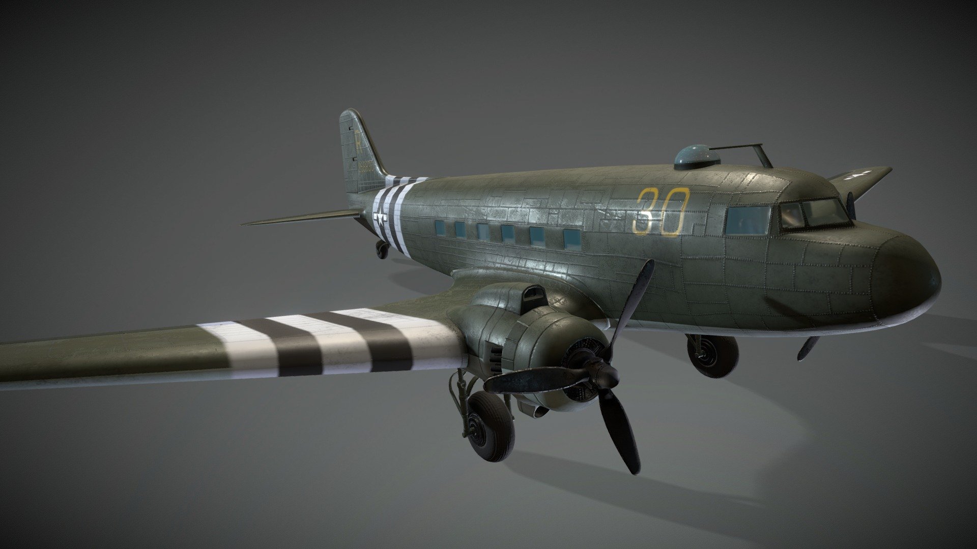 Douglas C-47 Skytrain

3D Model for Escape Germany (PC-Game)

Fully rigged an animated ingame. Flight Example BF109: https://www.youtube.com/watch?v=jb6zUBnfUZE&amp;t=8s

Model + Textures by: David Falke

Rigged + Animations by: Spaehling

Website: https://www.grip420.com/

Discord: Follow us on Discord

Facebook Follow us on Facebook

Game  Escape Germany - Escape Germany - Douglas C-47 Skytrain - 3D model by GRIP420 3d model