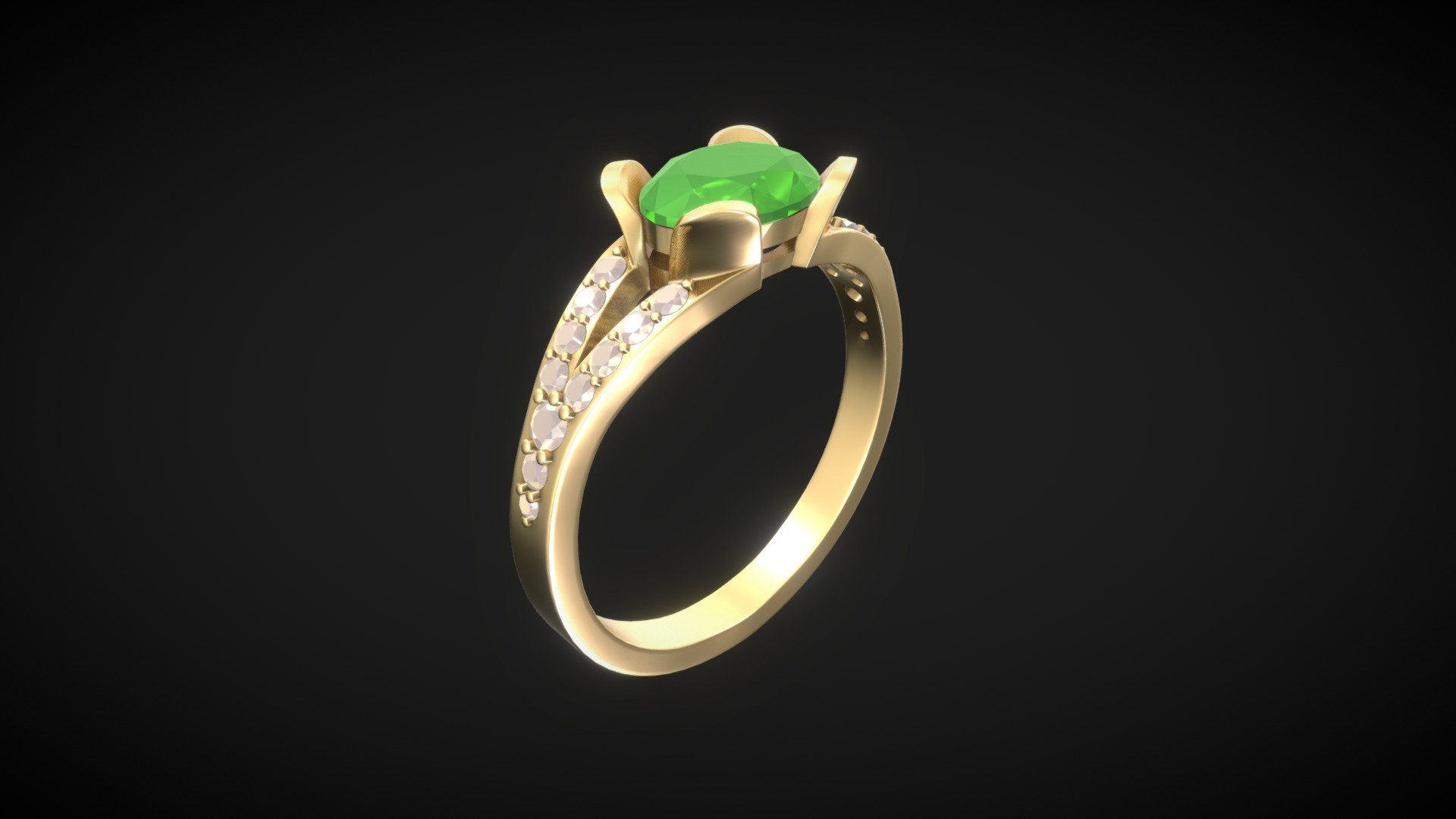 [Full presentation] : https://www.behance.net/gallery/169829553/Ready-to-3D-print-Golden-ring-with-emerald-gem

Model of Elegant gold ring with emerald stone and little diamonds. 
It is READY TO PRINT* model so after buy, You can download file without stones and use it for make mold.

Main stone: 8mm x 6mm OVAL ||
Side stones (4x on 2 branch) : 1.5mm ROUND||
Side 3rd stone: 2mm ROUND||
Side 2nd stone: 1.5mm ROUND||
Side 1st stone: 1.2mm ROUND||

Made in Blender 3.4, the model was created in collab with a goldsmith.

[NOTE]*: .stl &amp; .blend  file with and without stones/cutters attached in additional files 3d model