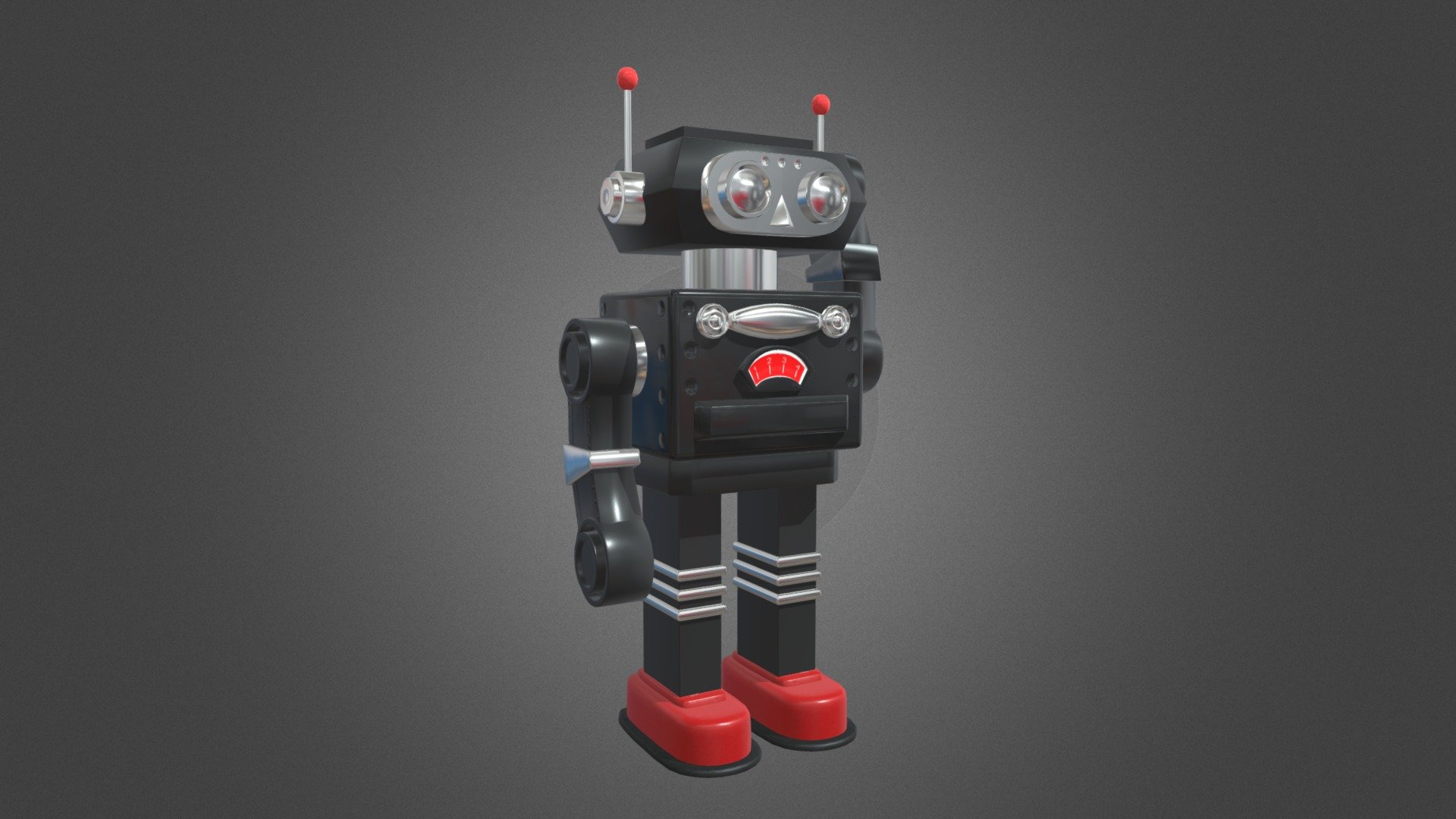 This is a model of a retro 1950s-style toy robot that I made during my time studying at Madison Area Technical College. This was during an exercise in designing props, so I decided to challenge myself and model a vaguely human-shaped prop. I didn't base this on any specific toy robot, so instead it is more of an amalgamation of multiple toy robots found throuhout the 1950s and/or the 1960s 3d model