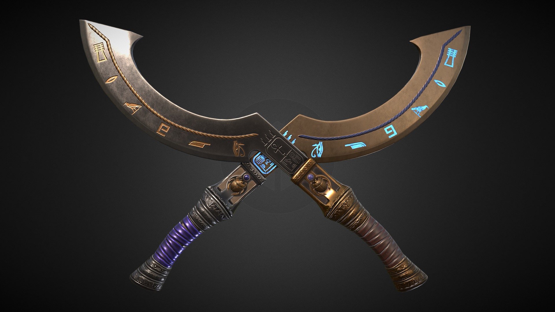 Commissioned by Terrornaut for the Deadlands Mod for Conan Exiles, Unreal texture included.

A recent commission, Unreal and Normal Texture are both included in 2K , please download the additional file.

Culanni has always been used as a dual sword.

The black one heavy and tip-heavy, unwieldy but its blow devastating.

The golden one light and balanced, swift in its cut and precise in its movement.

Often the use of Culanni breaks the user's defense with its black pair, and swiftly ends their life with the gold.

The blades quickly dull and break under misuse, which says a lot given its current well-preserved state 3d model