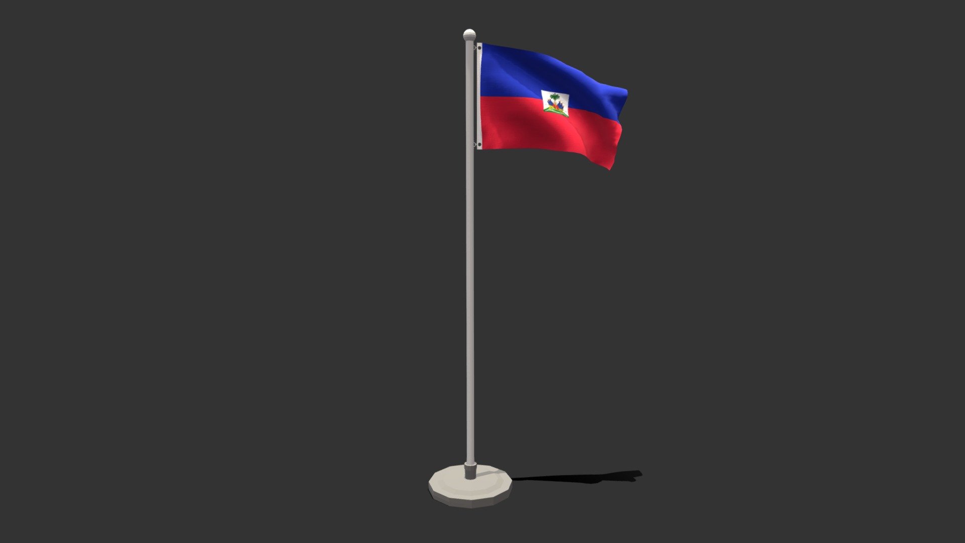 This is a low poly 3D model of an animated flag of Haiti. The low poly flag was modeled and prepared for low-poly style renderings, background, general CG visualization presented as 2 meshes with quads only.

Verts : 1.416 Faces : 1.343.

1024x1024 textures included. Diffuse, roughness and normal maps available only for flag. The pole have simple materials with colors.

The animation is based on shapekeys, 248 frames and seamless, no rig included.

The original file was created in blender. You will receive a OBJ, FBX, blend, DAE, Stl, gLTF, abc.

****PLEASE NOTE Animation icluded only in blend, FBX, abc and glTF files.

Warning: Depending on which software package you are using, the exchange formats (.obj , .dae, .fbx) may not match the preview images exactly. Due to the nature of these formats, there may be some textures that have to be loaded by hand and possibly triangulated geometry 3d model