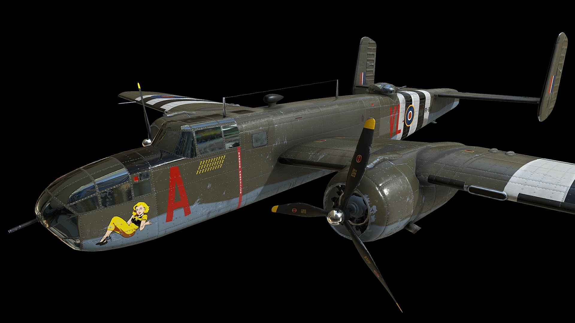 This is a model of a B-25 Mitchell bomber used by the Royal Air Force, as used in World War Two, featuring invasion stripes (first used to identify allied aircraft on D-Day).

The mesh was made in Blender while the textures were made in Substance Painter. The texture includes a fictional nose art figure, various labels and accurate panel/rivet lines.

Includes the following texture maps:

Base Colour (8K)
Metalness (8K)
Normals (4K)
Roughness (4K) - North American B-25 Mitchell - Buy Royalty Free 3D model by 3D-by-LS 3d model