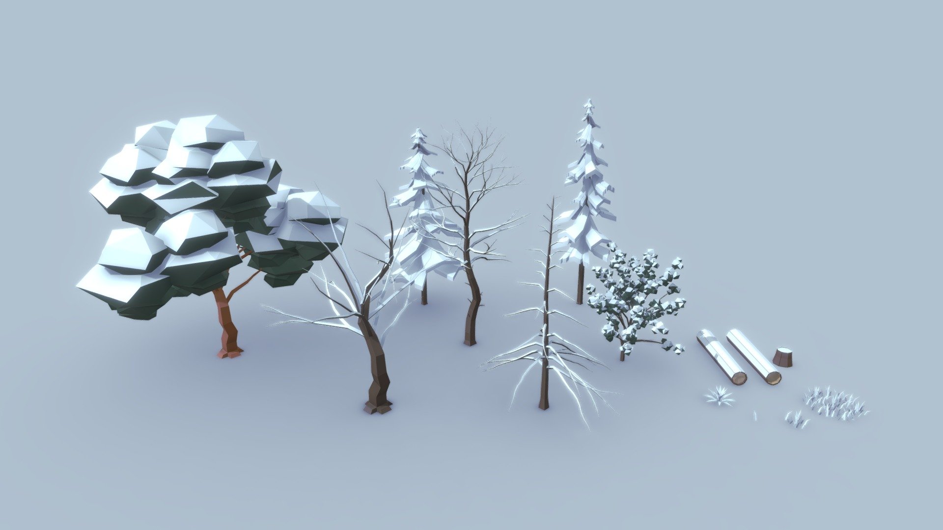 This is a low-poly environment asset pack with a variety of snow covered models. All models use a single material and texture 3d model