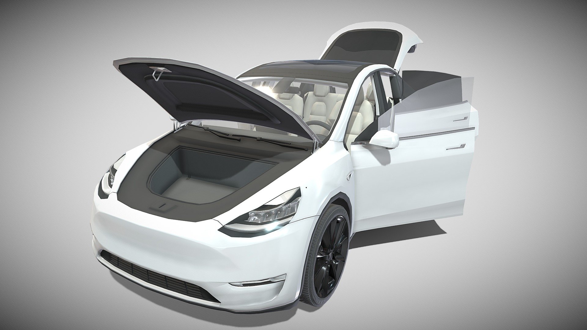 Tesla Model Y RWD with full chassis (battery pack, rear motor setup, brakes, linkages, suspension, steering) and a detailed interior 3d model rendered with Cycles in Blender, as per seen on attached images.

File formats:
-.blend, rendered with cycles, as seen in the images;
-.blend, open, rendered with cycles, as seen in the images;
-.blend, rendered with cycles, with a see-through of the chassis, as seen in the images;
-.blend, open, rendered with cycles, with a see-through of the chassis, as seen in the images;
-.obj, with materials applied;
-.obj, open, with materials applied;
-.dae, with materials applied;
-.dae, open, with materials applied;
-.fbx, with material slots applied;
-.fbx, open, with material slots applied;
-.stl;
-.stl, open;

Files come named appropriately and split by file format.

3D Software:
The 3D model was originally created in Blender 2.79 and rendered with Cycles.

Materials and textures:
The models have materials applied in all formats, and are ready to import and render 3d model