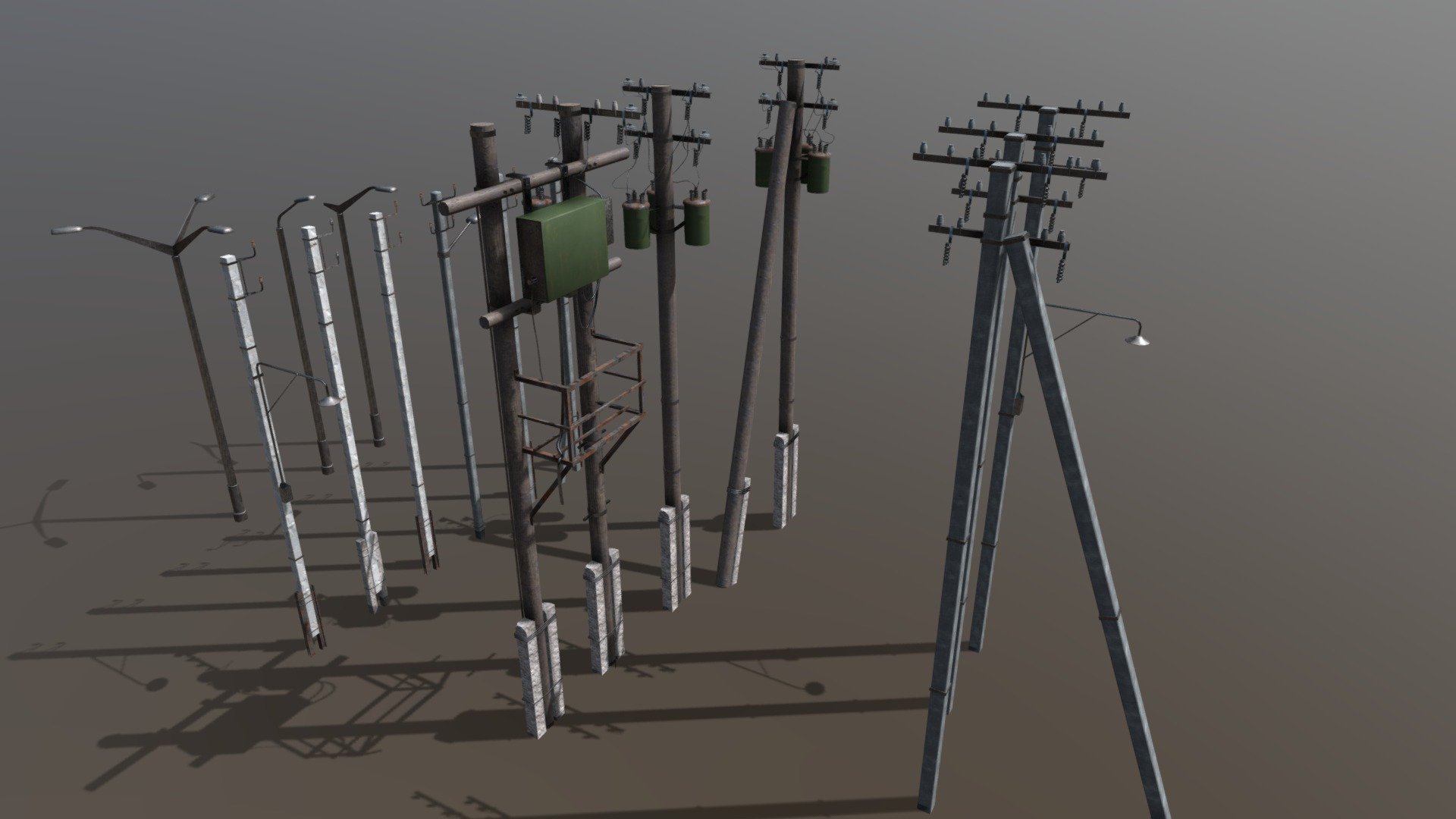 Game asset.
Really simple pack of 15 electric poles(3 variants + light poles).
They have some details on them, but really minimal for game. 
Textures are seamless 2k PBR easy to replaced if needed.
Made in Blender for personal project 3d model