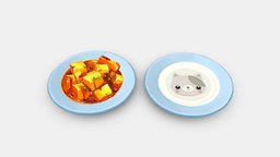Cartoon Chinese Food-Braised Tofu-kitten plate cat, japan, plate, asia, china, dish, spoon, eat, chinese, kitchen, lunch, health, soup, dining, foods, lowpolymodel, handpainted