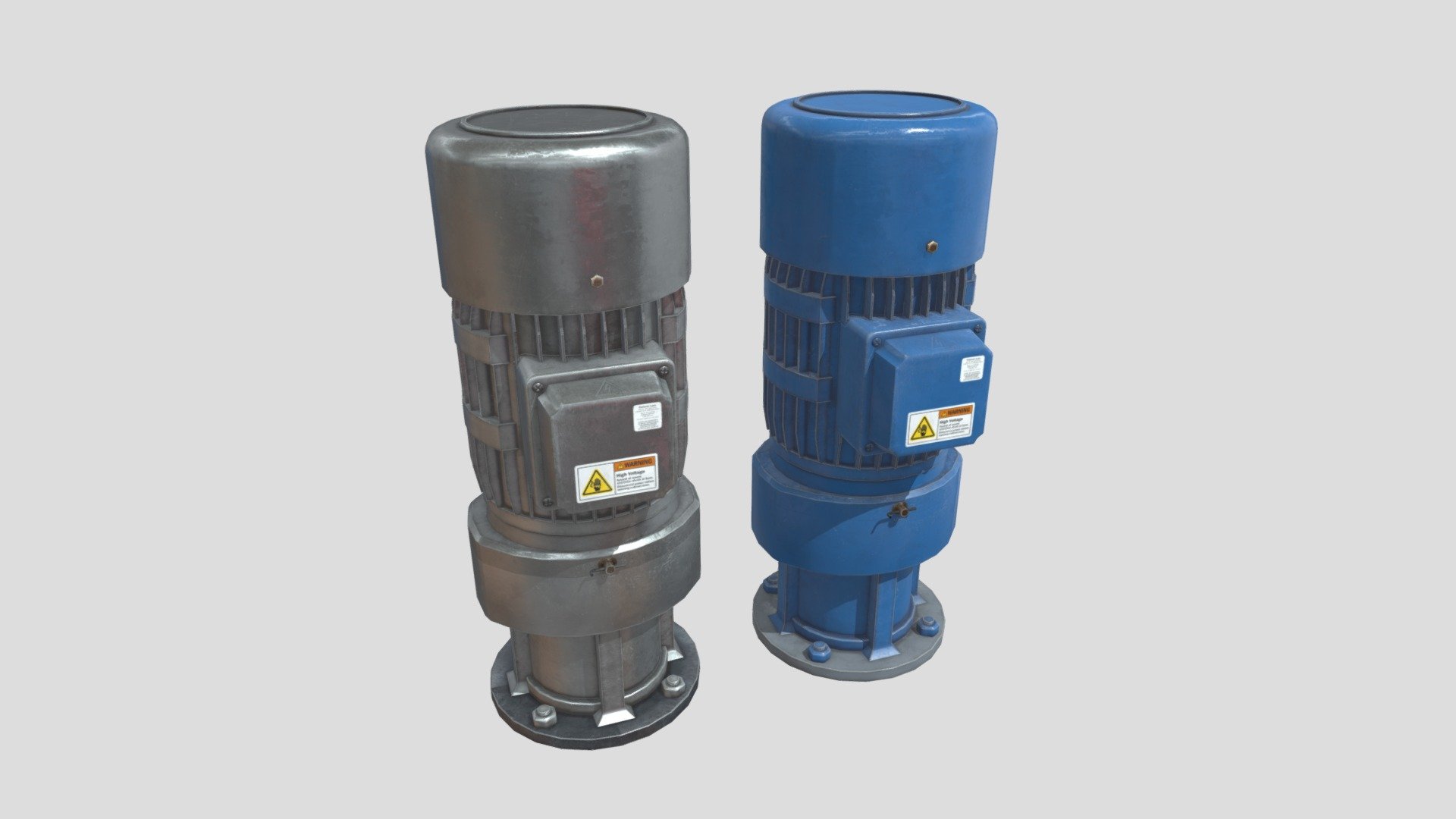 This Industrial Motors is a great model to add to any machine, Industrial Environment, Factory, Etc. The model has 2 different textures, a painted and non painted version. The model is viewable from all angles and distances.

This Includes:

The mesh
4K and 2K Texture Sets (Albedo, Metallic, Roughness, Normal, Height)
2 Variants ( Painted, Non-painted)
The mesh is UV Unwrapped with vertex colors for easy retexturing 3d model