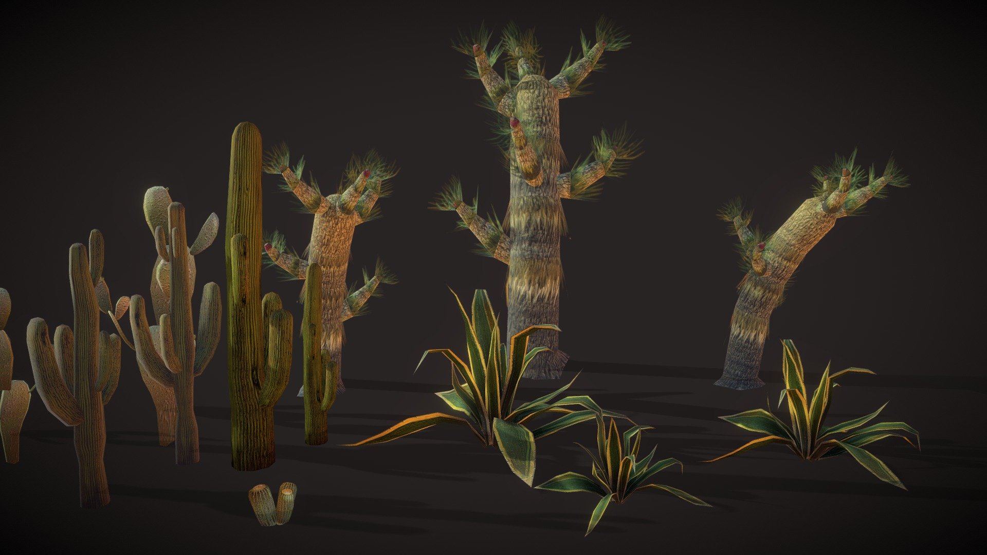 Desert Plants Pack 
Joshua-Tree, Cacti, Agave 
textures include normal.spec,diffuse 
512X512 px 
game ready 
VR - American Desert Plants Pack - Buy Royalty Free 3D model by tosbin 3d model