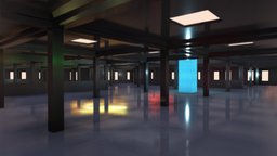 VR Gallery Experiment scene, storage, showcase, gallery, showroom, virtual-reality, abandoned-building, baked-lighting, walk-through, baked-textures, low-poly, art, sci-fi, building, interior, large-scale, warehouse-building, jimbogies