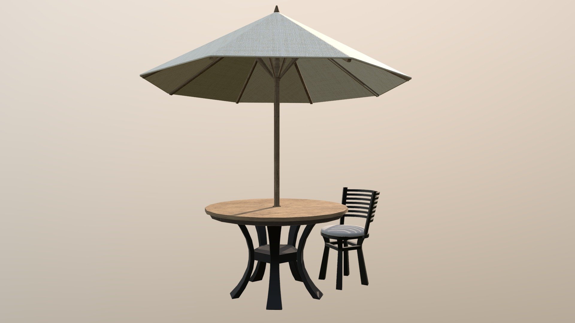 Table, chair, and umbrella built for an outdoor beach front restaurant 3d model