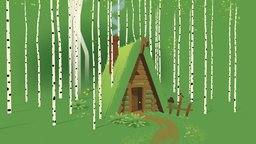 Hut forest, dugout, handpainted, house, birches