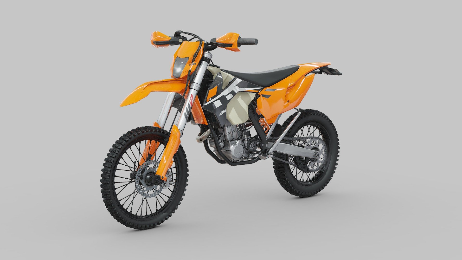 The KTM 450EXC is a versatile and high-performance off-road motorcycle designed to conquer a wide range of terrain with ease. Engineered by the renowned Austrian manufacturer KTM, the 450EXC blends agility, power, and durability to excel in both competitive enduro racing and adventurous trail riding.

At its core lies a potent 450cc single-cylinder engine, meticulously tuned to deliver robust torque and responsive power delivery across the RPM range. Equipped with advanced fuel injection and a lightweight chassis, the 450EXC offers precise handling and nimble maneuverability, allowing riders to tackle challenging obstacles with confidence.

Whether navigating tight trails, conquering rocky terrain, or competing in enduro races, the KTM 450EXC stands as a versatile and capable companion for riders seeking adrenaline-fueled adventures off the beaten path 3d model
