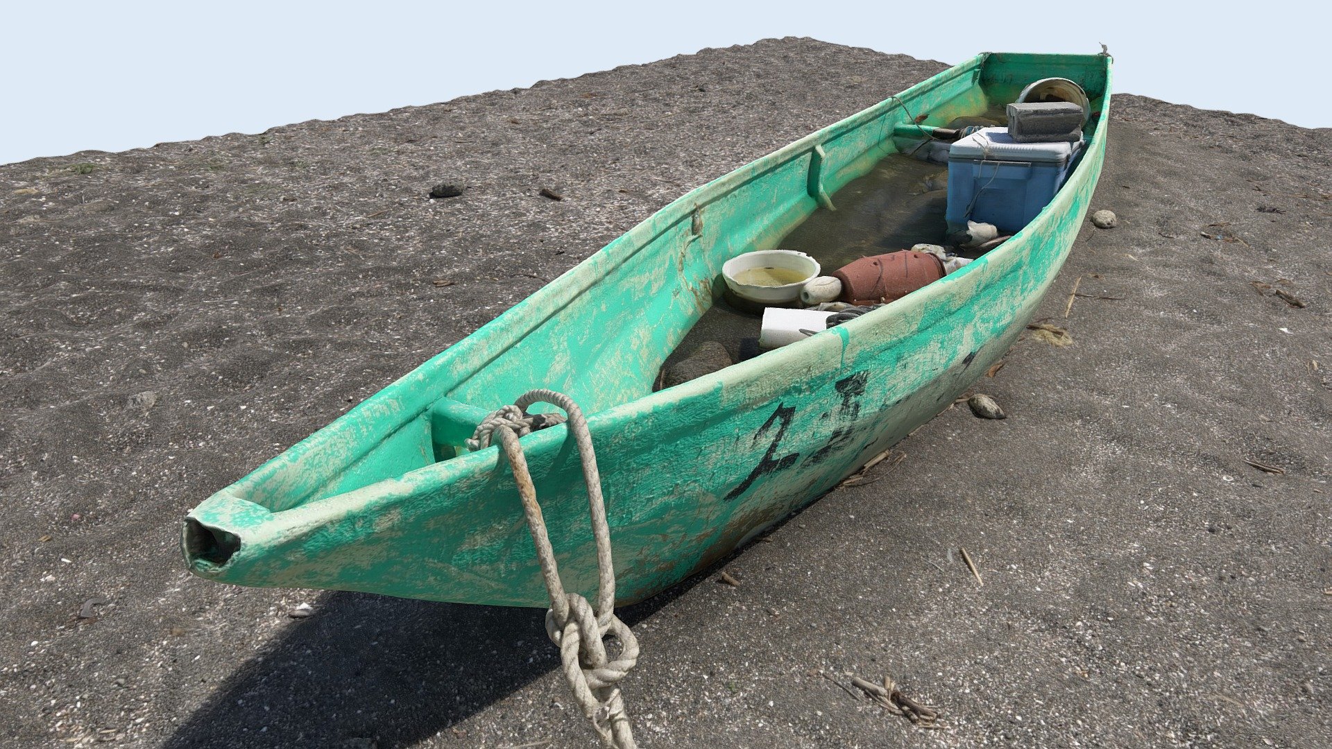 This is a photogrammetry of a fishing boat placed on a sandy beach. It is generated from 176 photos 3d model