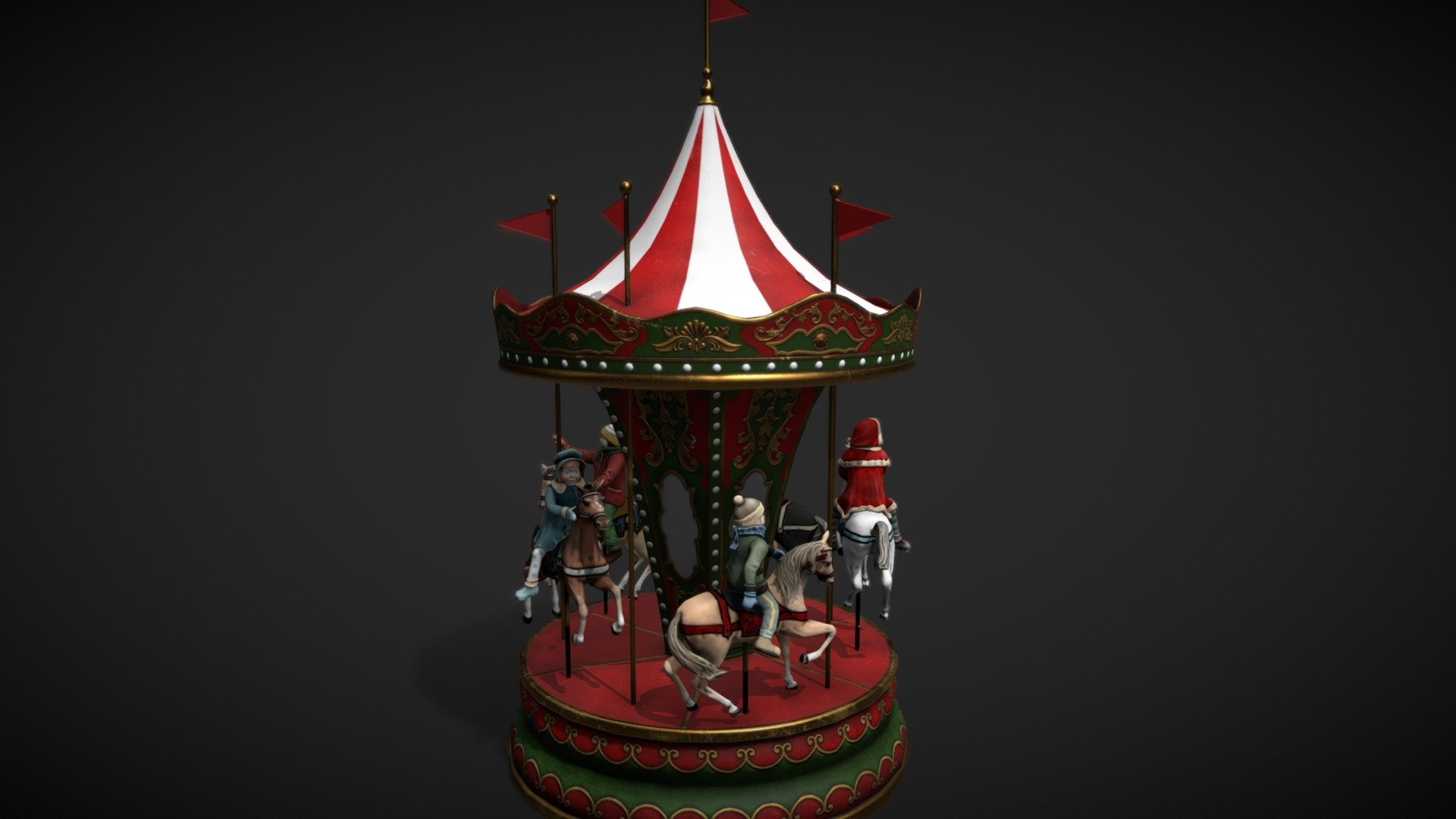 Carousel. 
Lowpoly model of vintage mechanical toy. It was made in 3Ds Max. You can see the sample of that on the screenshots or demo video provided. 
The model would be suited as additional model for your Christmas or winter scenes. The model has looped animation in FBX format.
Maps format: TGA
Maps res.: 4096X4096 - Animation FBX - Buy Royalty Free 3D model by Vaarg 3d model