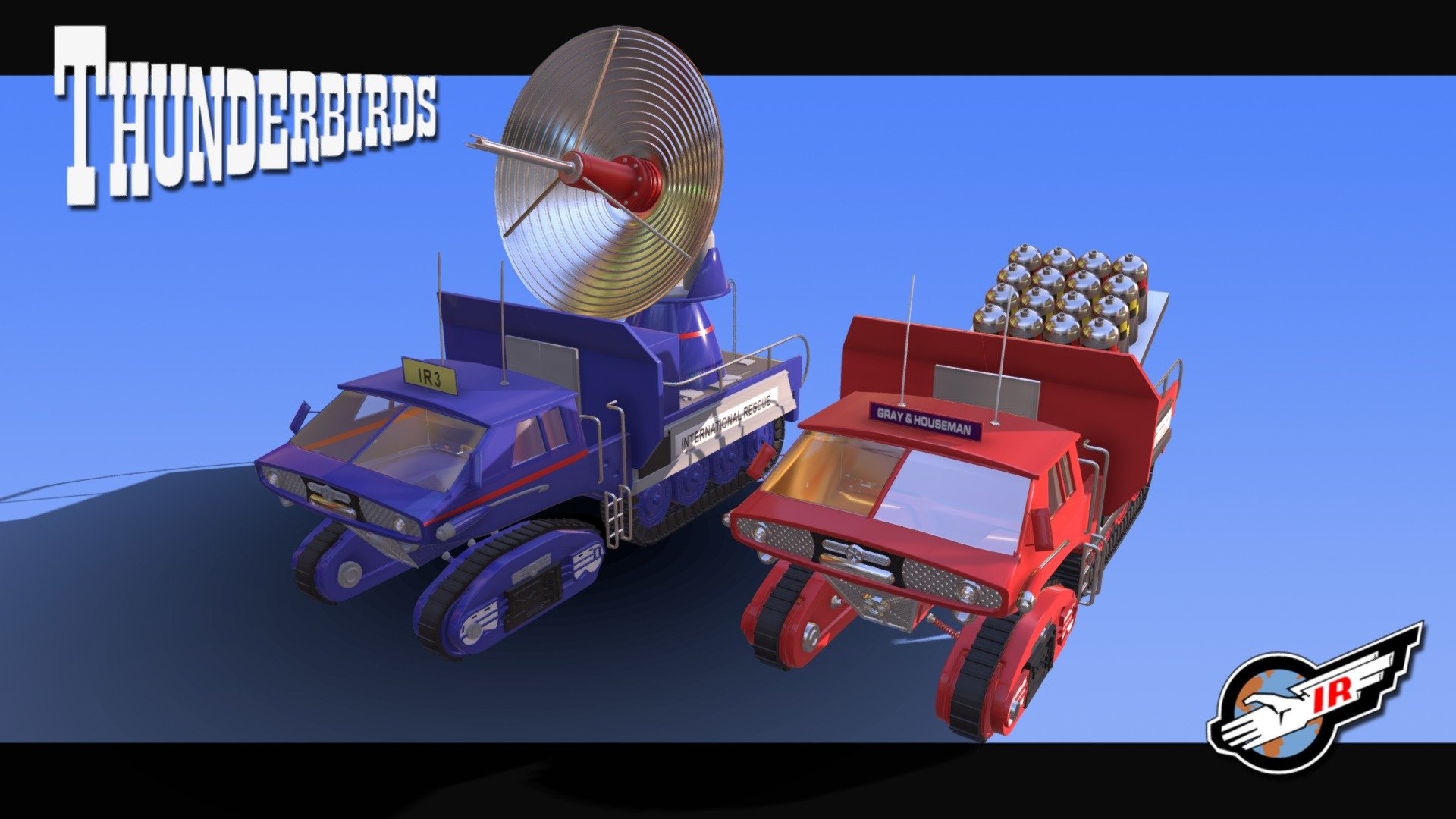 Thunderbird truck as seen in End of the Road (red explosive truck) and Sun probe (blue transmission truck)

Here's the kind of render you can achieve with the file, with additionnal foliage items.
 - Thunderbirds Trucks Pack - Buy Royalty Free 3D model by Ralph's Workshop (@RalphEdenbag) 3d model