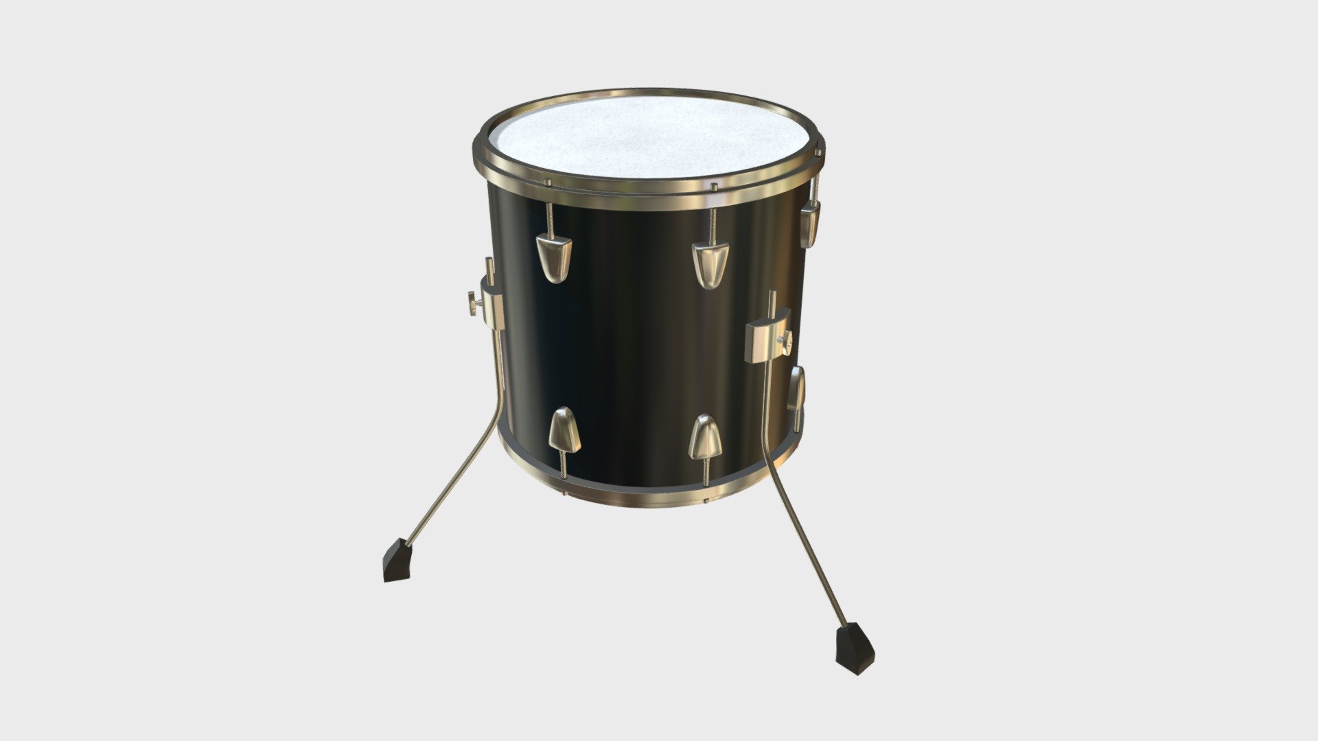 === The following description refers to the additional ZIP package provided with this model ===

Floor tom drum 3D Model. Production-ready 3D Model, with PBR materials, textures, non overlapping UV Layout map provided in the package.

Quads only geometries (no tris/ngons).

Formats included: FBX, OBJ; scenes: BLEND (with Cycles / Eevee PBR Materials and Textures); other: 16-bit PNGs with Alpha.

1 Object (mesh), 1 PBR Material, UV unwrapped (non overlapping UV Layout map provided in the package); UV-mapped Textures.

UV Layout maps and Image Textures resolutions: 2048x2048; PBR Textures made with Substance Painter.

Polygonal, QUADS ONLY (no tris/ngons); 74024 vertices, 73902 quad faces (147804 tris).

Real world dimensions; scene scale units: cm in Blender 3.3 (that is: Metric with 0.01 scale).

Uniform scale object (scale applied in Blender 3.3) 3d model