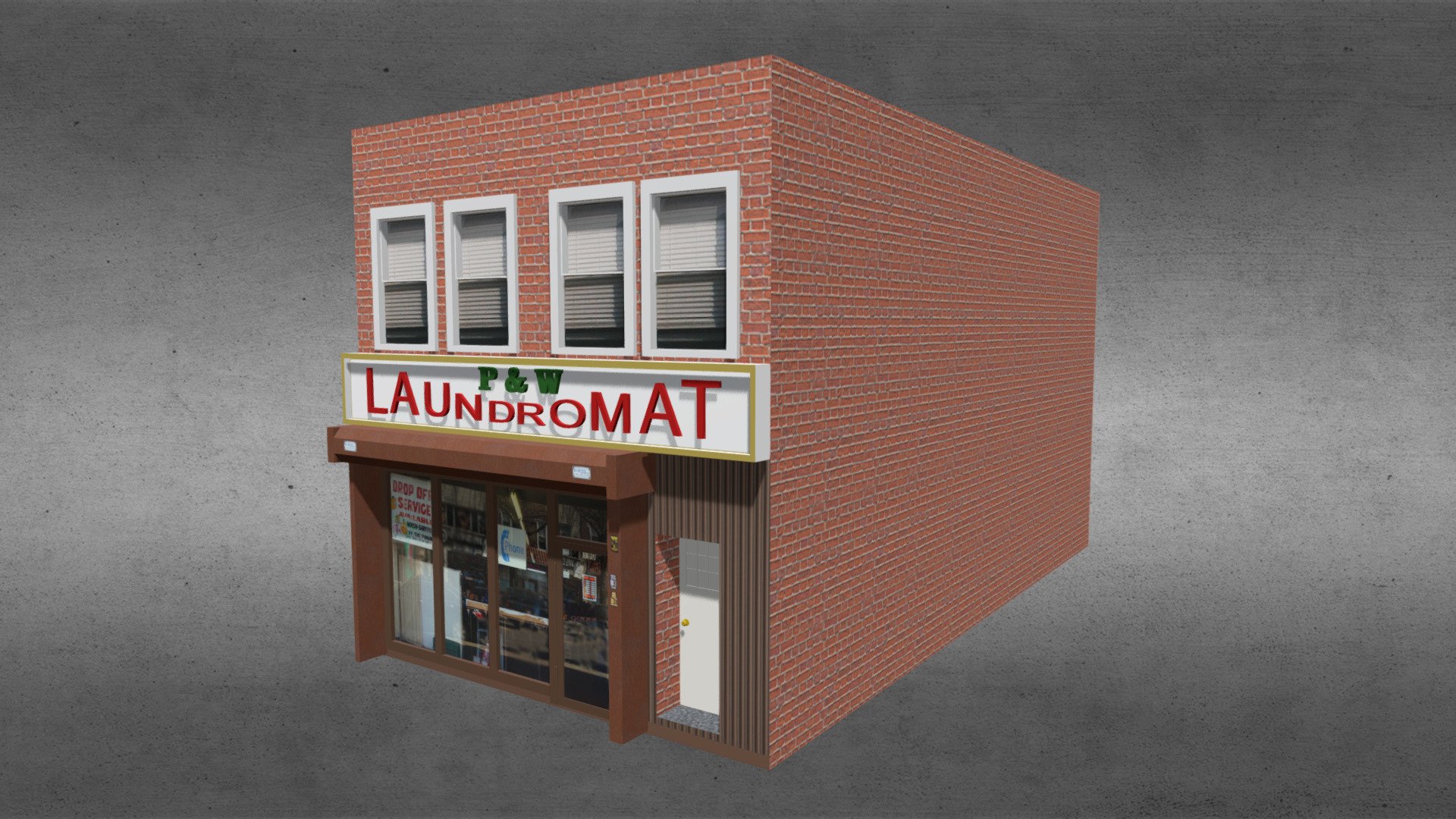 This is an exterior model of a laundromat.

Product Features:




Made with 3 and 4-point polygons.

Includes group information, which your software should interpret as separate parts: building and door.

Textures:




The model is UV mapped.

One color scheme with texture maps and bump maps, at 2048x2048 pixels.

Original model by, and acquired, from Poserworld, and now owned by VanishingPoint 3d model