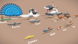Birds lowpoly base, birds, pigeon, chick, basemesh, turkey, parrot, pack, duck, collection, hybrid, swan, peacock, rooster, ara, ostrich, goose, canary, finch, quail, hen, budgie, pheasant, lovebird, guineafowl, cockatiel, modeling, gameasset, animal, rigged, hypercasual, myna