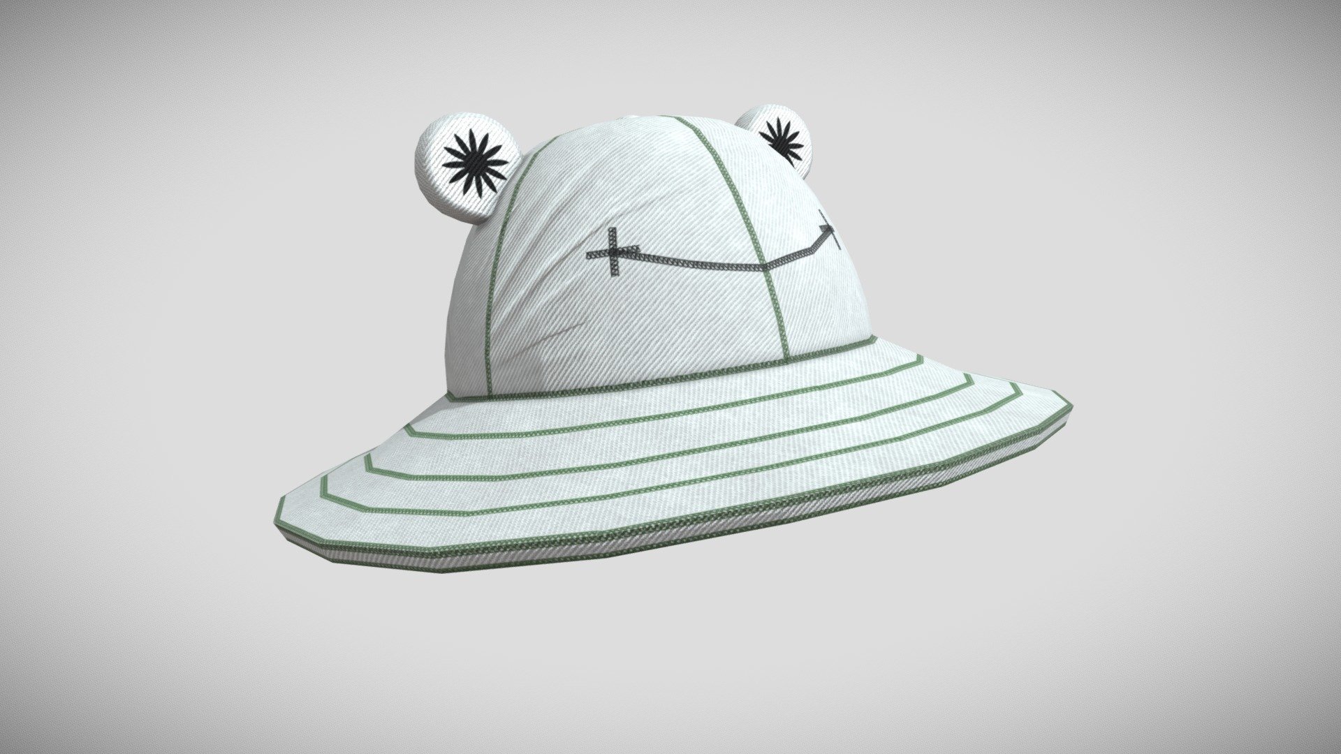 A bucket hat with smily frog. I made 3 versions of the hat, this is the White version. The others can be found here:

Black:
https://sketchfab.com/3d-models/black-frog-hat-00f9dd4c828145549a193a448857191a

Green:
https://sketchfab.com/3d-models/green-frog-hat-f1dc04e89d594c5f9c6beb9a76652660

Modelled in Maya, textured in Substance Painter, entirely by me 3d model