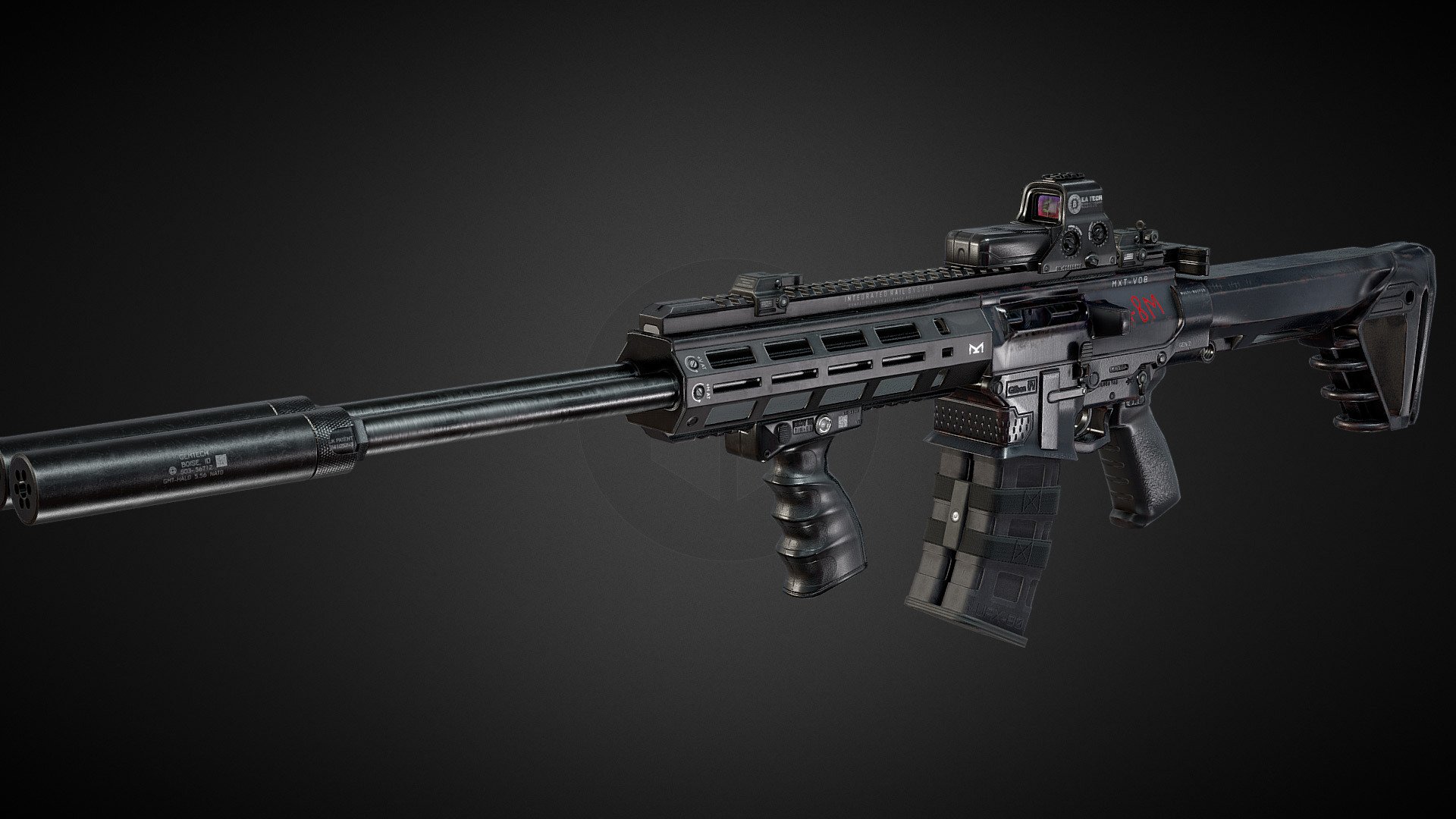 A double Barreled AR-15 with two triggers, two magazines and two buffer tubes, includes 4k textures for the main barrel and individual texture sets for the silencers, the magazines, iron sights, Holosight, Foregrip and bullets.

Modeled in Blender and Textured in Substance Painter.

I initially did this weapon as a mod for Fallout 4 so it has some Fallout themed references 3d model