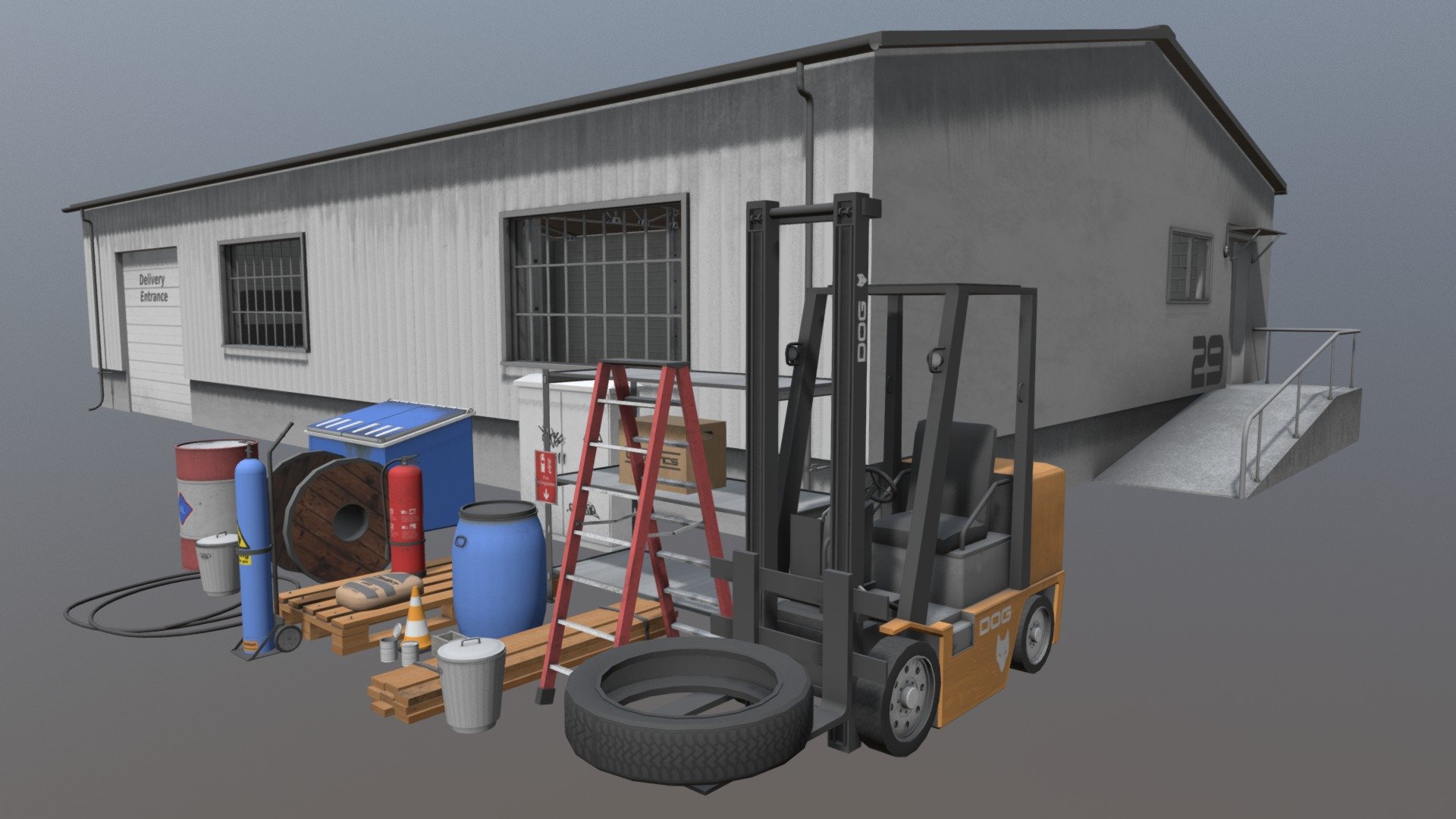 This industrial styled package is centered around the warehouse which comes with 22 different props to fill the scene. 

It was designed to work in an realtime environment but works fine in any static render as well!  To see the different parts closer :  https://sketchfab.com/PolyCrane/collections/warehouse-assets-pack  

Feel free to check out my website for further details and purchase options.
https://polycrane.wixsite.com/polycrane - Warehouse Assets - 3D model by PolyCrane 3d model