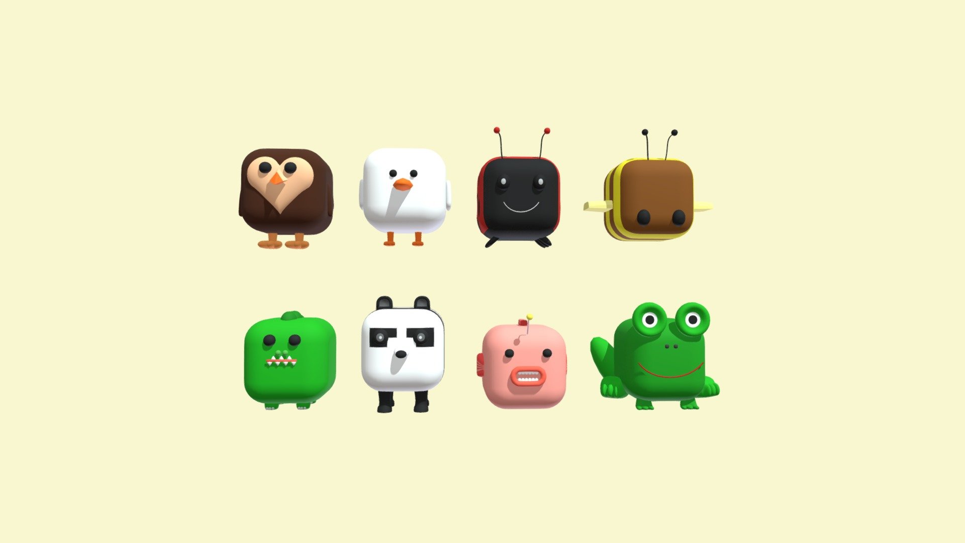 Hello! Cube Animals designed with Blender version 3.2.1. It can be used in games. From the left side; Owl, Seagull, Ladybug, Bee, Crocodile, Panda, Fish, Frog - Cube Animals - 3D model by ezgi bakim (@ezgibakim) 3d model