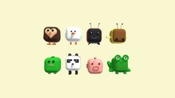 Cube Animals owl, fish, crocodile, panda, bee, frog, ladybug, seagull, blender3dmodel, blender3d-beginner, cartoon, game, blender, blender3d, gameasset