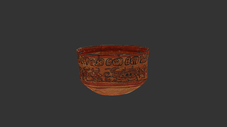An orange-slipped bowl with flattened base decorated with a band of glyphs below the rim. Around the body of the bowl is a band of figures in red outlined with black - these include human figures and gods or demons.

Classic Maya; c. AD 546-615.

(Accession No 1963.260) Museum of Archaeology &amp; Anthropology, University of Cambridge, CC BY NC - Ceramic bowl, Caracol, Belize - Download Free 3D model by MAACambridge 3d model