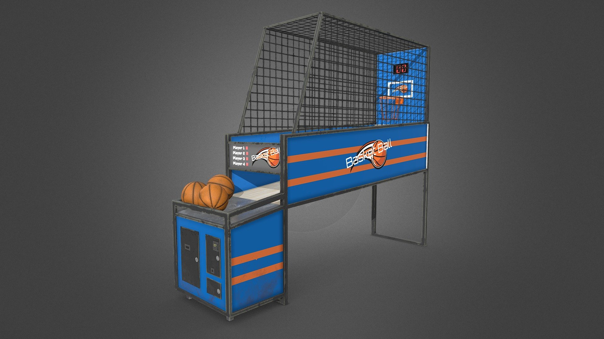 Realistic Game-Ready Hoops Basketball Arcade Machine / Mini Basketball.


Suitable for Real-Time renders and Game Engines, Ready to use in your scene and render.

Full Texture set (Basecolor, Roughness, Metallic, Ambient occlusion, Height, emissive, opacity and Normal Map) all at 4096x4096 Resolution.

The Machine and the ball are separated objects so you can duplicate the number of balls and change its position.

Polycount : Arcade BasketBall Machine : 752 Faces - Ball : 256 Faces.

The net is created using opacity mask to save polycount for better performance.


Overview:

Full PBR Texture Maps (Basecolor, Roughness, Metallic, Ambient occlusion, Height, emissive, opacity and Normal Map).

All textures come in PNG Format with 4096x4096 resolution

No Plugins Required.

All objects and textures are well organized and named.

Fully unwrapped UVs, Non-overlapping UV-islands. Efficient use of the UV space.

Real Life Dimensions.

Total PolyCount is 752 Faces.
 - Hoops Basketball Arcade Machine - PBR GameReady - Buy Royalty Free 3D model by Abdelrahman Ahmed (@AbdelrahmanAhmed) 3d model
