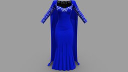 Female Royal Blue Gown With Cape neck, fashion, girls, open, long, clothes, with, wedding, dress, mermaid, gown, beautiful, sleeves, womens, elegant, cape, wear, evening, coctail, pbr, low, poly, female, blue, ball, royal