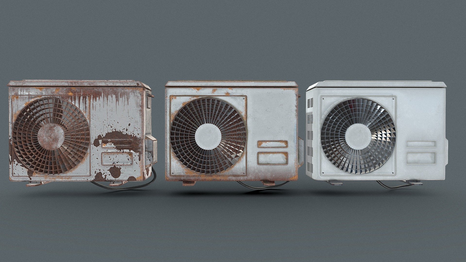 A trio of ourdoor aircon units, suitable for multiple environments for your project. 

Clean
Simple rust
Heavy rust

Comes with 4K PBR textures 3d model