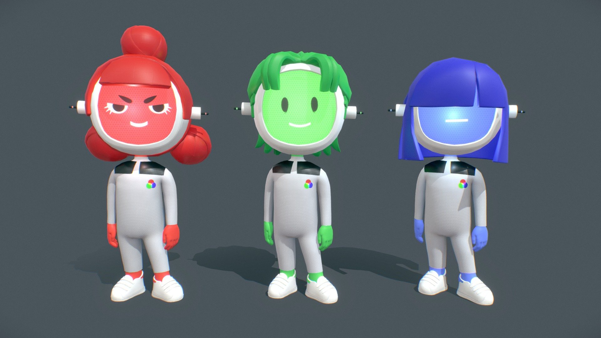 Let me introduce you to Red, Green and Blue! They are little fellows working in a TV. They are in charge of the colors management of the TV to be sure that the spectator can watch his favorite series. But, the tasks are very annoying and repetitve&hellip; So, Red wants to bother Green and Blue. Green is the nice guy who is always there to find solutions and Blue is always jaded and calm.


Story &amp; rigging: Leeloo Corten
Character design: Malika Mutombo Mudimi
Sculpting of the hair: Sarah MBayi
Modelling, retopology and texturing: Sara Wavreille - Court-Circuit characters - 3D model by Sara (@sarawav) 3d model