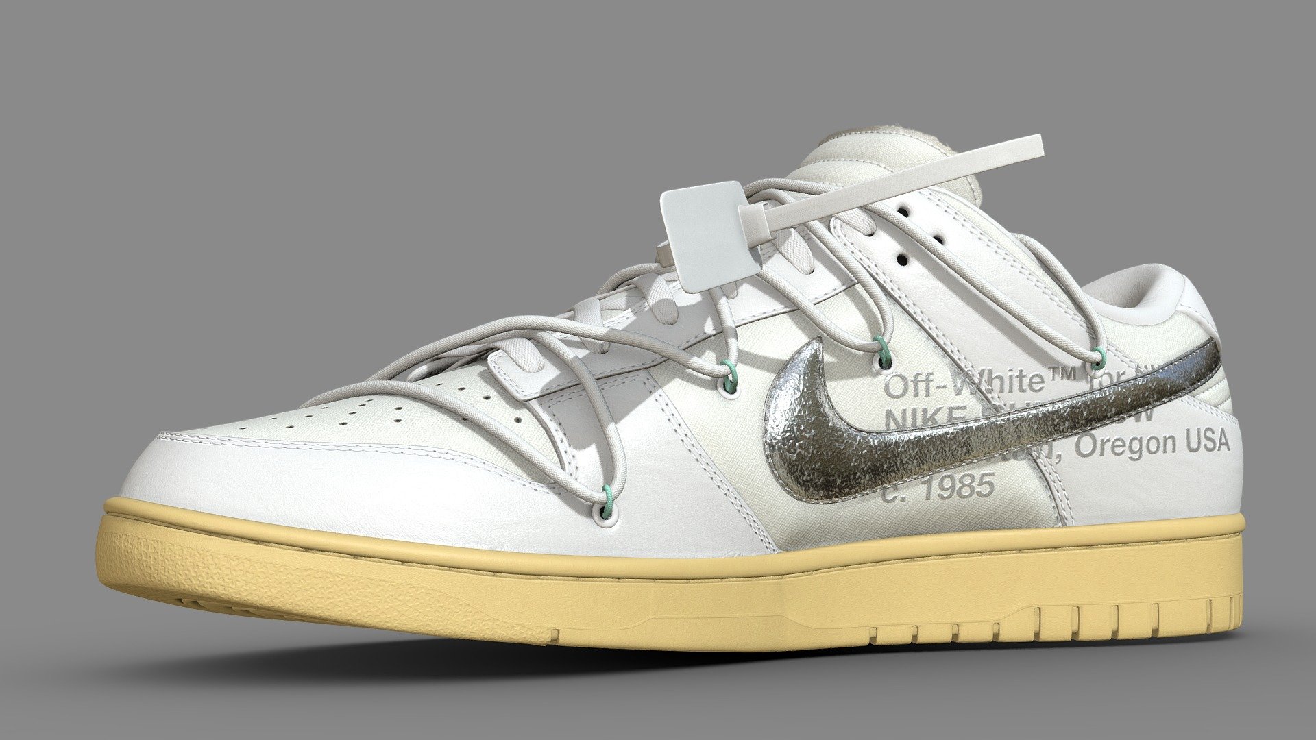 Off White collaboration with Nike on a Dunk Low, made in Blender, textured in Substance. Panels of white leather complement slightly off white canvas with a metallic swoosh and aged midsole.

Every detail was made in the recreation of this shoe, from the text on the medial side of the shoe to the subtlety of each material, nothing went overlooked. Stitches were sculpted by hand to achieve the highest quality, and the frayed edge on the tongue of the shoe was created such that there would be no gap between the canvas fabric and foam

What's included Firstly, two versions of this model. The base version with 4 texture sets, and a One Mesh version that uses only 1 texture set. Both models are identical, only how they are unwrapped is different. There are two texture sets, with 4 maps, namely: Base Color, Metallic, Normal, and Roughness. I have included several other versions, such as High and Low Poly shoes All textures are 4096x4096. Meaning the One Mesh version has 4 2048x2048 textures 3d model