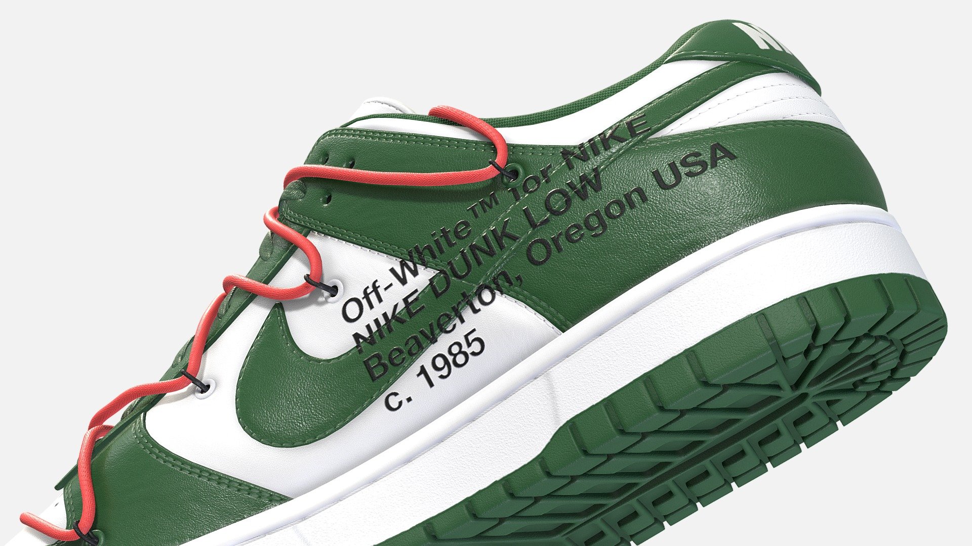 Off White collaboration with Nike on a Dunk low in Pine Green, made in Blender, textured in Substance. Virgil Ablohs take on the Nike Dunk first debuted in 2019, A reimagined tongue coupled with bright, Flywire lacing helped this shoe to stand out and cement its place in the storied legacy of the Nike Dunk. This colourway boasts pine green leather accented by a smooth white leather. 

Every detail was made in the recreation of this shoe, from the text on the medial side of the shoe to the subtlety of each material, nothing went overlooked. The model itself is subdivision ready and consists of four texture sets. The model on display is at Subdivision level 1 and each texture is at 4096x4096 resolution. Model on display uses: Base Color, Metallic, Roughness, Normal Map, Ambient Occlusion

Download File Contents:
1. Native Blender file with linked textures
2. Folder containing all textures in 4096x4096 png format. 
4. FBX and OBJ versions of the shoes - Nike Dunk Low x Off White Pine Green Shoe - Buy Royalty Free 3D model by Joe-Wall (@joewall) 3d model
