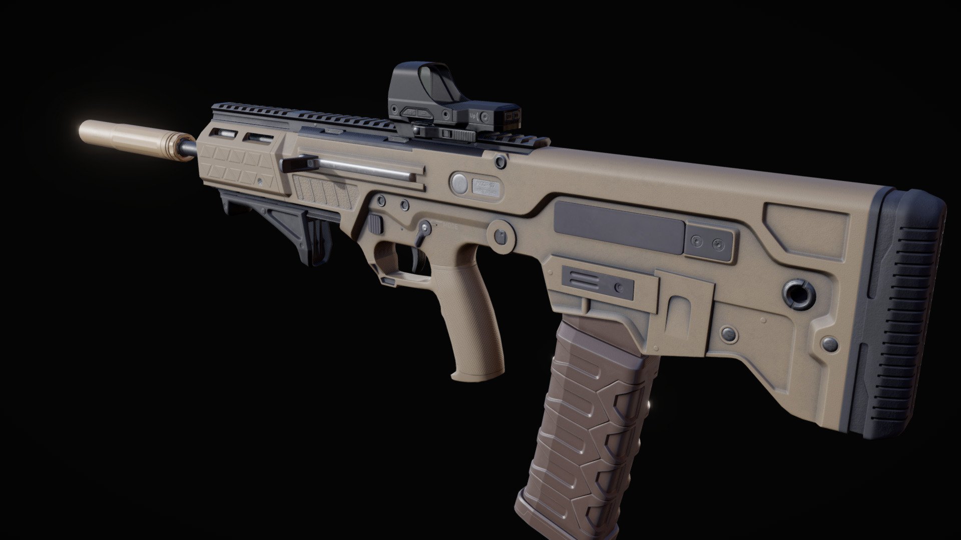Fiction game-ready customizable assault rifle MCOR-17. Replaceable barrels (with forends), grips, stocks, optional handles, suppressor and cheek rest, various variations of magazines. Available a picatinny rails  for mounting optics, laser pointers, flashlights or foregrip handles. It is also possible to move the charging handle and the cartridge release to opposite sides for left-handers.

Real-world sizes. Optimized for LODs. All models, as well as the company labels used, are fiction and do not require additional licenses.

Parts:

Receiver, grip A, grip B, stock A, stock B, cheek rest, magazine 30, magazine 60, barrel A, barrel B, barrel C, foregrip handle A, foregrip handle B, suppressor, suppressor cover, iron sight, collimator sight, optic sight, 5.56x45 cartridge, 5.56x45 case, 5.56x45 bullet.

Additional archive contains 2 texture packs: Metal-Rough and Spec-Gloss (.png).

For some elements, several skins are available: desert, black, black-green.

 - Customizable assault rifle - 3D model by Ramhat 3d model